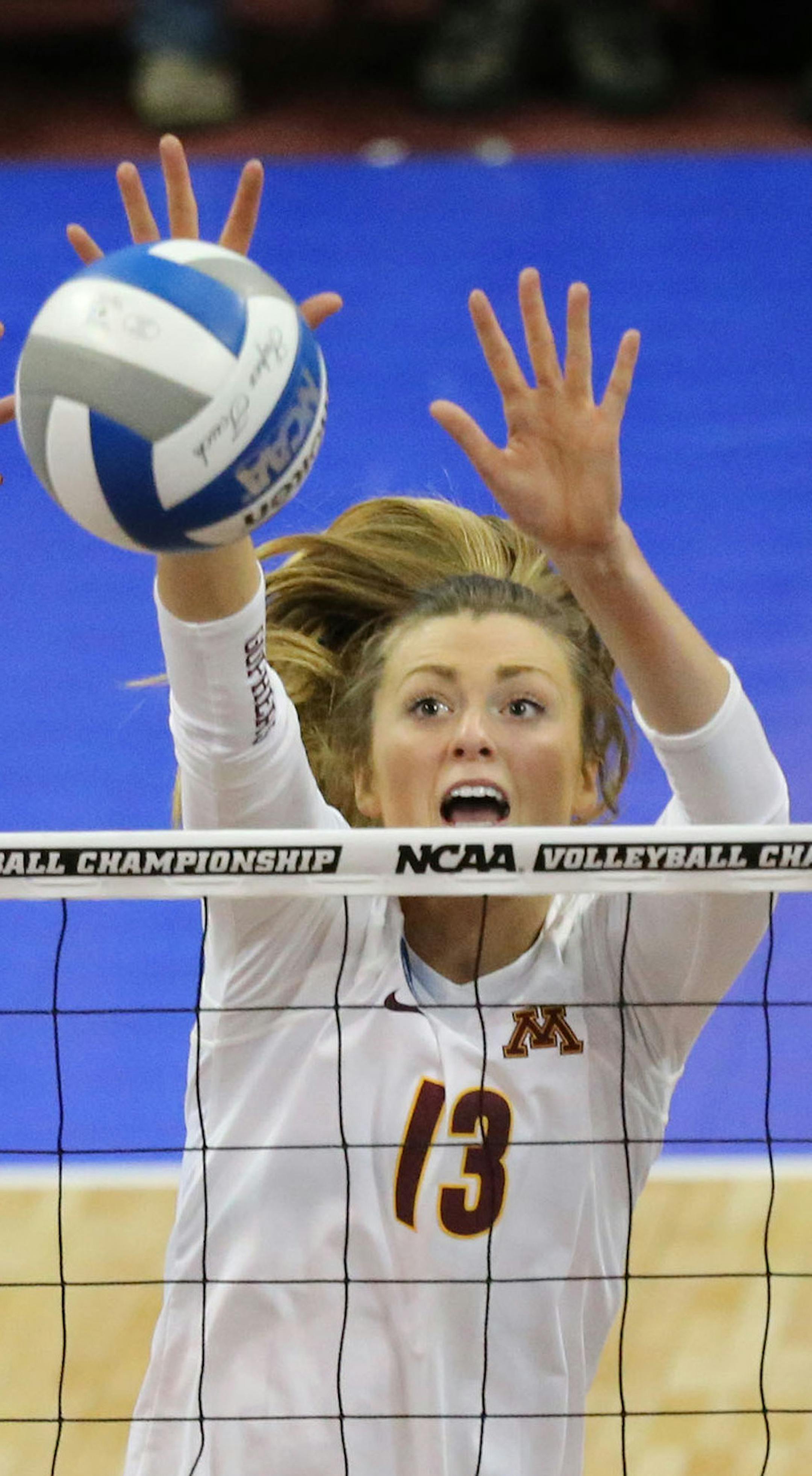 The University of Minnesota's Hannah Tapp (7), Molly Lohman (13) and Alexis Hart (19) go up to block a shot by the University of Missouri's Melanie Crow (1) during the second set of the regional NCAA volleyball tournament Friday, Dec. 8, 2016, at the Sports Pavilion in Minneapolis, MN.]
(DAVID JOLES/STARTRIBUNE)djoles@startribune.com The University of Missouri at the University of Minnesota in the regional NCAA volleyball tournament Friday, Dec. 8, 2016, at the Sports Pavilion in Minneapolis, MN