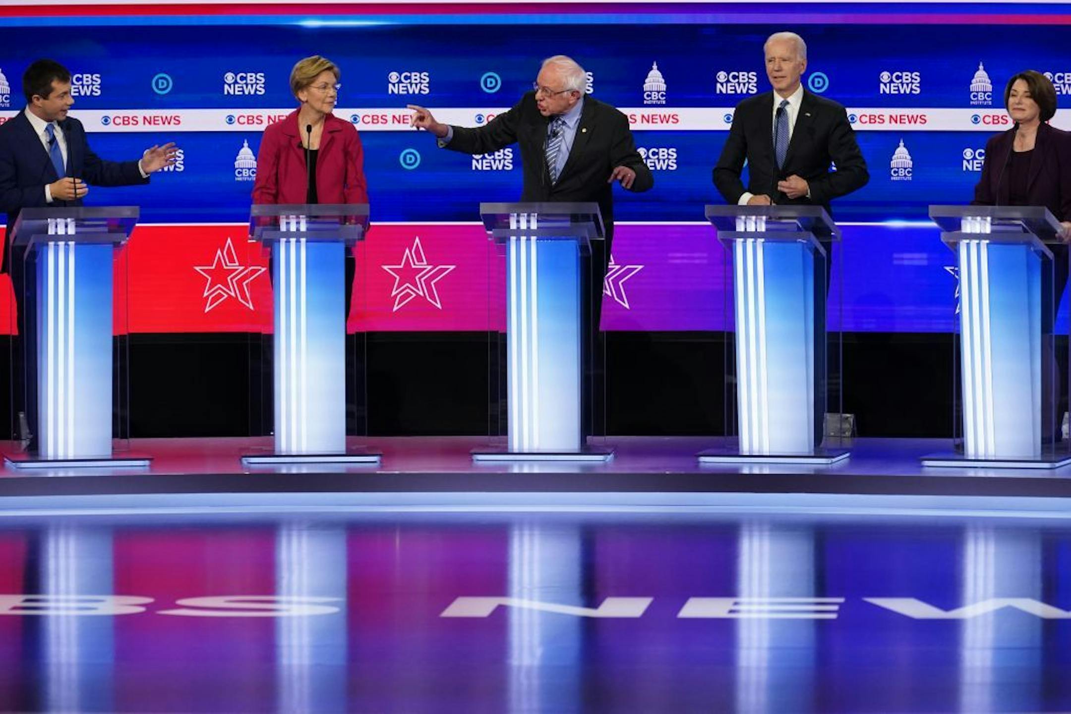 Bernie Sanders, center, was a frequent target of his Democratic presidential rivals at Tuesday night's debate in Charleston, S.C.