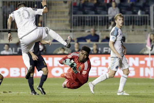 Philadelphia Union goal keeper Andre Blake makes a save on this shot by United's Miguel Ibarra in the first half of the Minnesota United at Philadelph