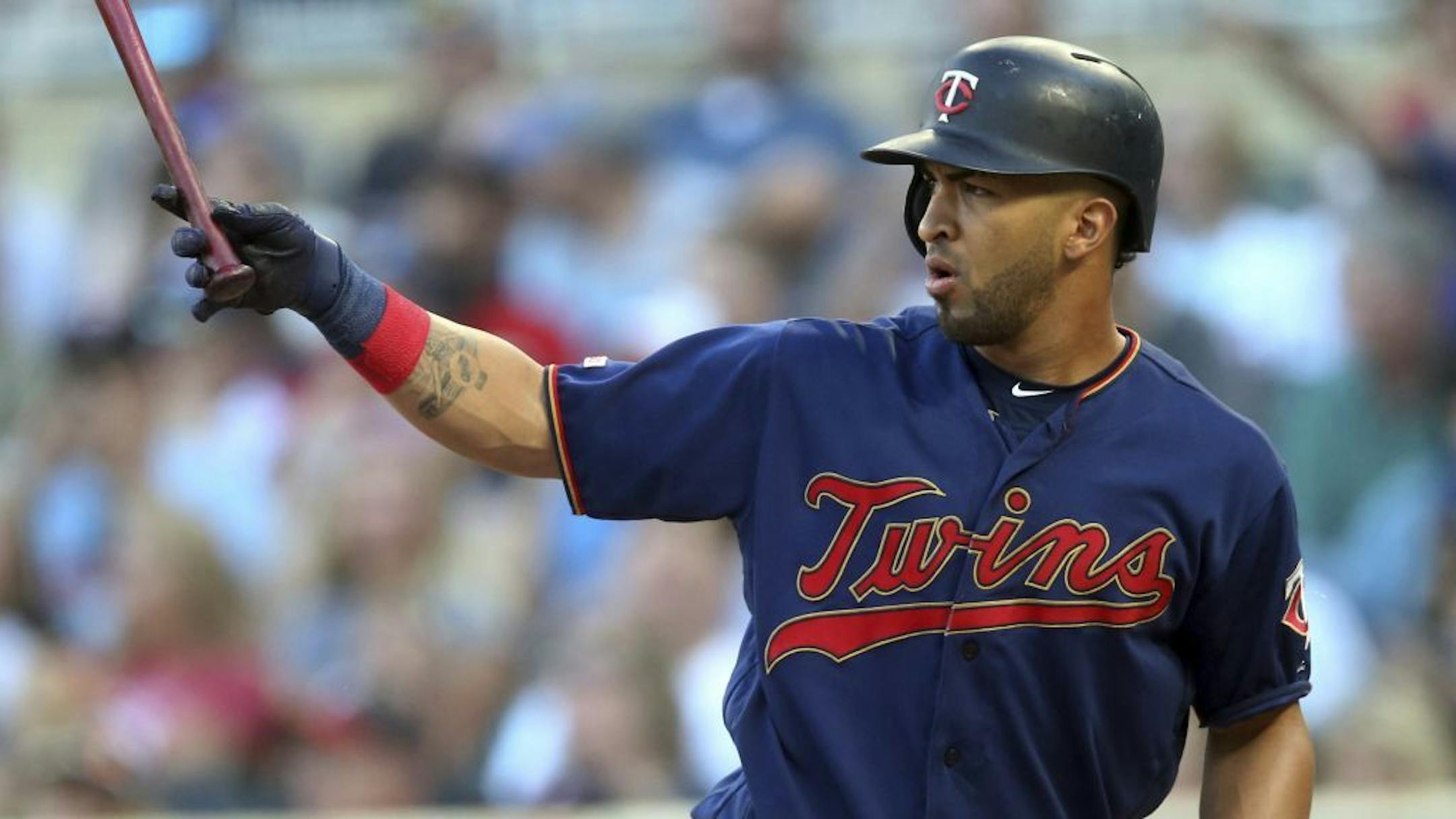 Minnesota Twins' Eddie Rosario bats against the Tampa Bay Rays in a baseball game Wednesday, June 26, 2019, in Minneapolis.