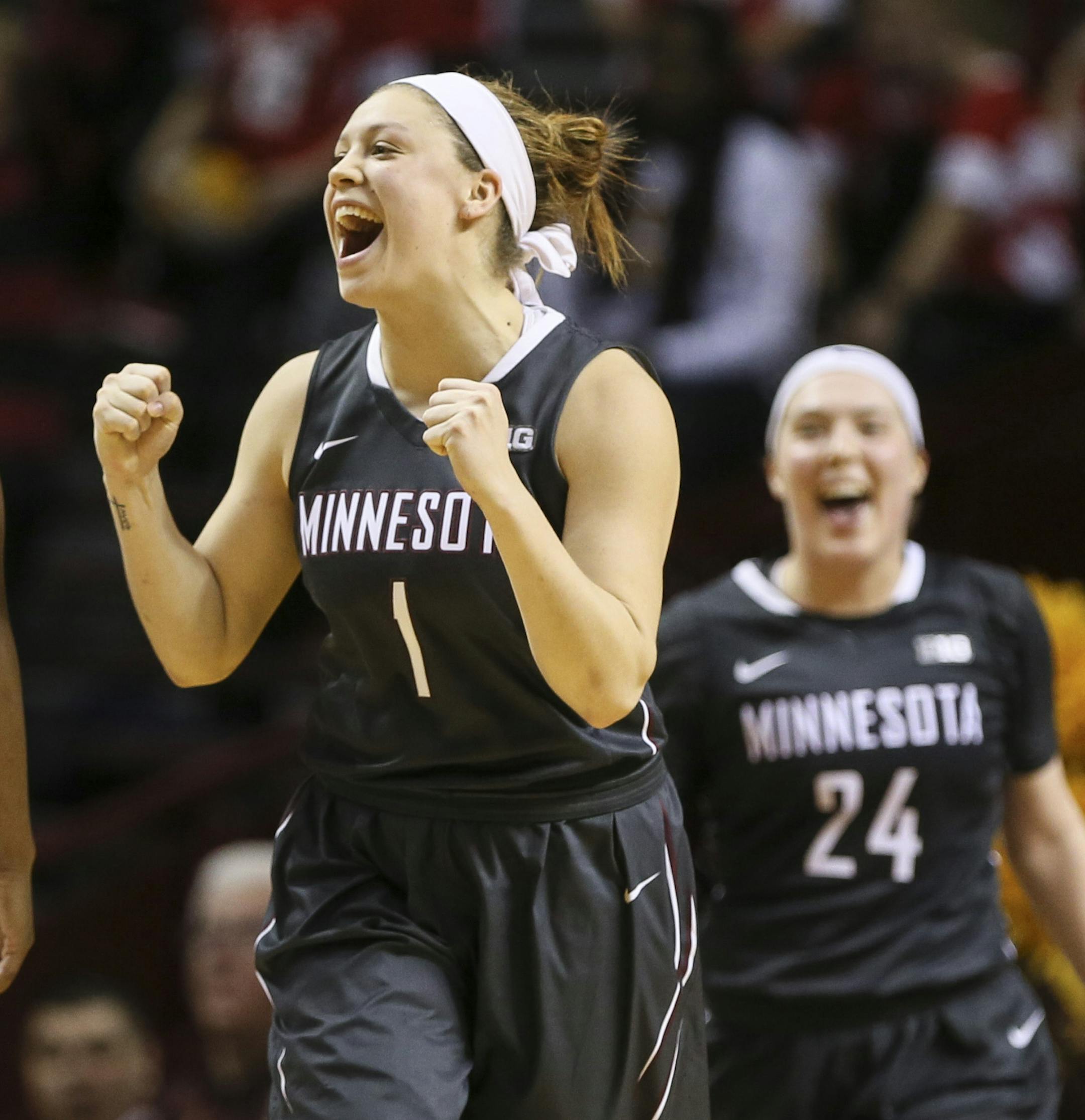 Gophers Rachel Banham celebrate a Gophers 95-92 win over Northwestern in the final second of the game. Banham scored 32 points. ] RENEE JONES SCHNEIDER • reneejones@startribune.com The Gophers women basketball hosted Northwestern on Wednesday, January 20, 2015, in at the Williams Arena University of Minnesota in Minneapolis, Minn.