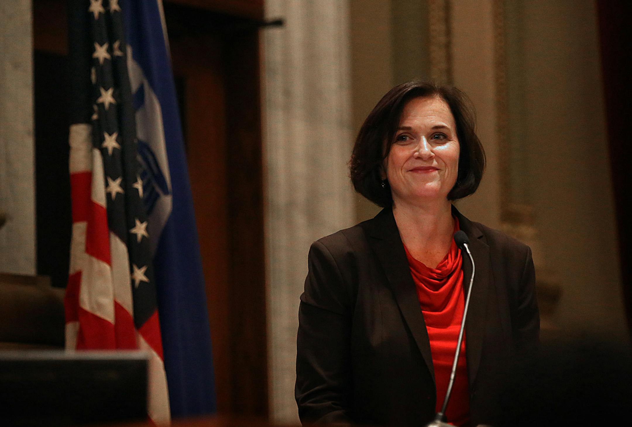 Minneapolis Mayor Betsy Hodges paused for a moment as she delivered the budget address. ] JIM GEHRZ ‚Ä¢ jgehrz@startribune.com / Minneapolis, MN / August 14, 2014 / 11:00 AM / BACKGROUND INFORMATION: Minneapolis Mayor Betsy Hodges delivered her first budget address before the City Council in the Minneapolis City Hall City Council Chambers. ORG XMIT: MIN1408141323556022