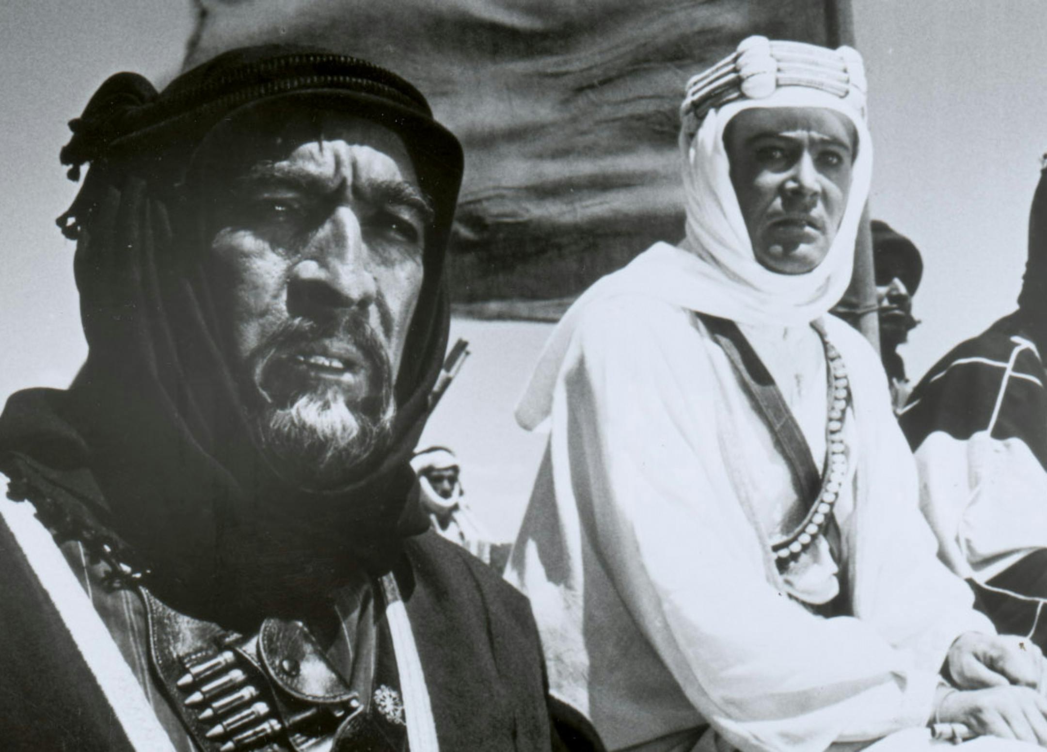 Anthony Quinn (at left) stars as Auda abu Tayi, Peter O'Toole (center) as T.E. Lawrence, and Omar Sharif (right) as Sherif Ali ibn Kharish, as they wage war against the Turks, in the 1962 epic movie masterpiece LAWRENCE OF ARABIA, by director David Lean. ORG XMIT: MIN2013073116152771