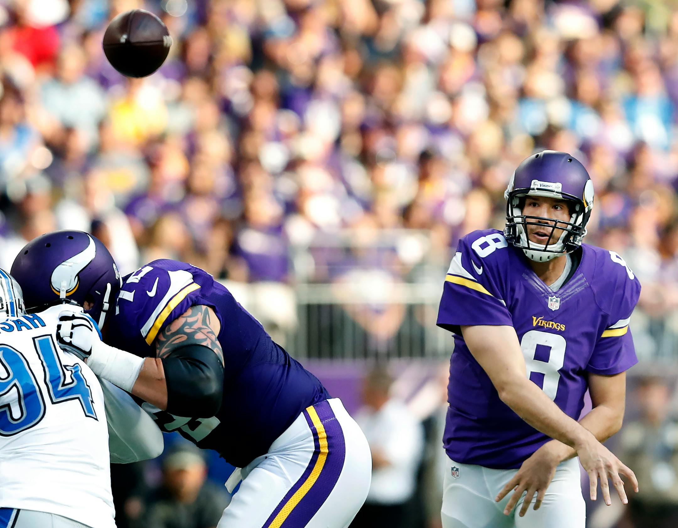 A quicker passing game against the Lions didn't test the Vikings' patchwork offensive line as much, and quarterback Sam Bradford was sacked only twice after being taken down 11 times in the previous two losses. ] CARLOS GONZALEZ cgonzalez@startribune.com - November 6, 2016, Minneapolis, MN, US Bank Stadium, NFL, Minnesota Vikings vs. Detroit Lions