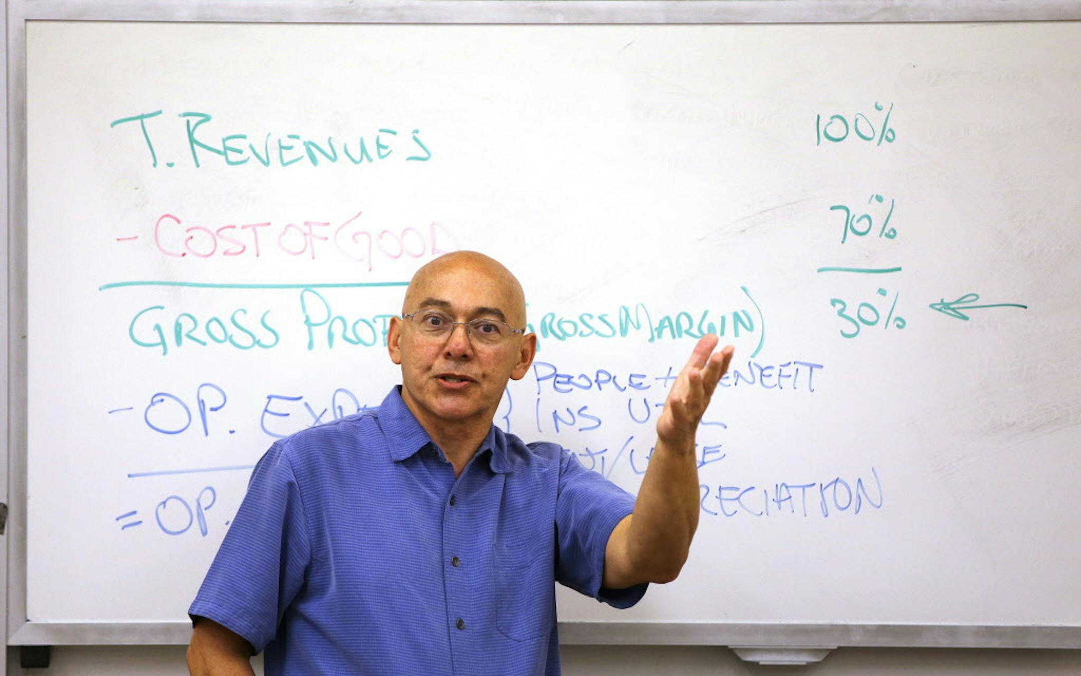 In this Tuesday, Aug. 26, 2014 photo, Fred Nanni, a professor of Management Accounting and Babson College Provost, conducts a three-day business workshop for former NFL players with entrepreneurial interests, at Babson College in Wellesley, Mass. (AP Photo/Stephan Savoia)