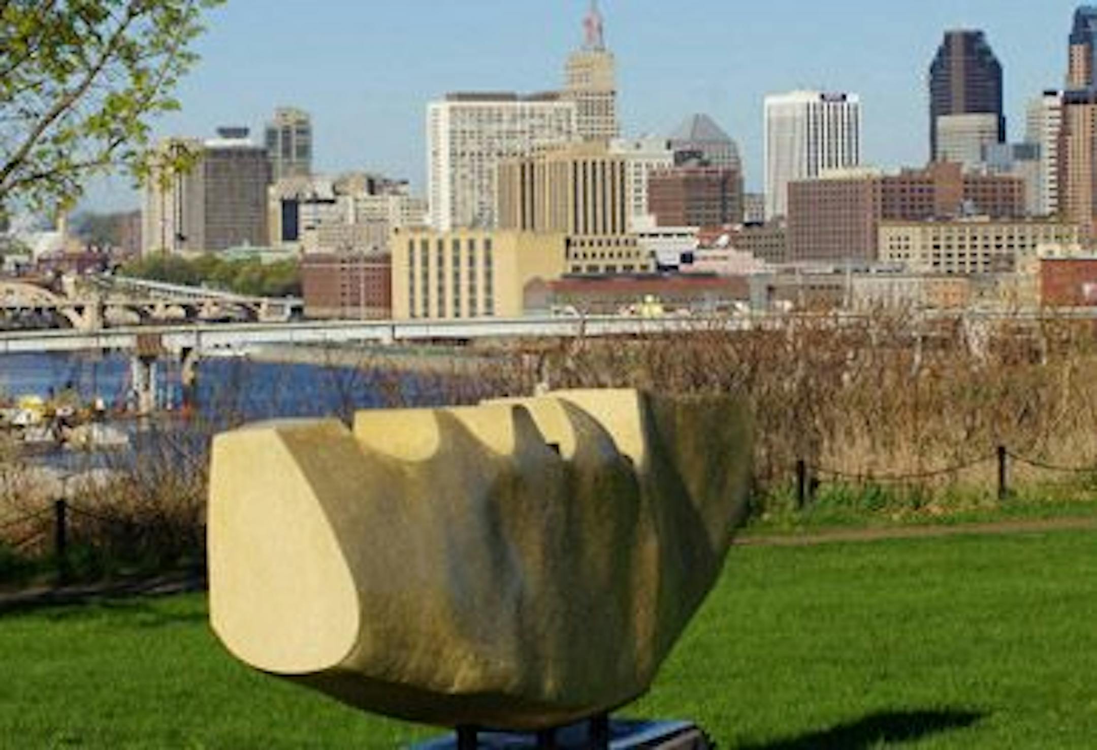 A sculpture by Javier del Cueto overlooks downtown from Indian Mounds Park