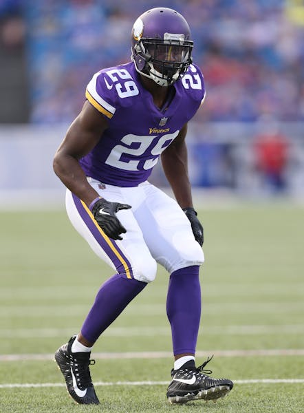 Minnesota Vikings defensive back Xavier Rhodes (29) drops back into coverage during a NFL football game against the Buffalo Bills, Thursday, August 10