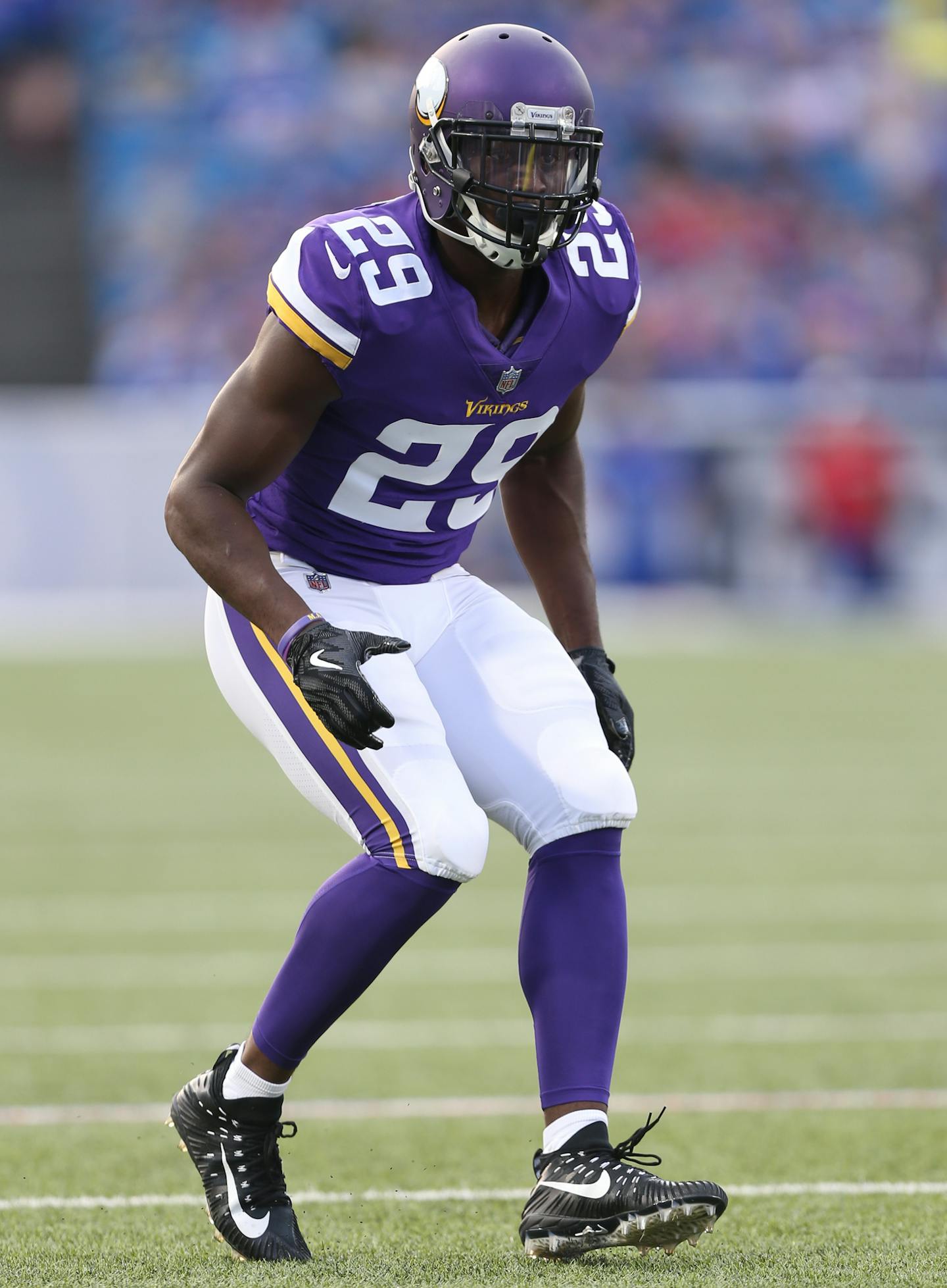 Minnesota Vikings defensive back Xavier Rhodes (29) drops back into coverage during a NFL football game against the Buffalo Bills, Thursday, August 10, 2016 in Orchard Park, N.Y. The Vikings won the game 17-10. (Paul Jasienski via AP) ORG XMIT: PJNY01