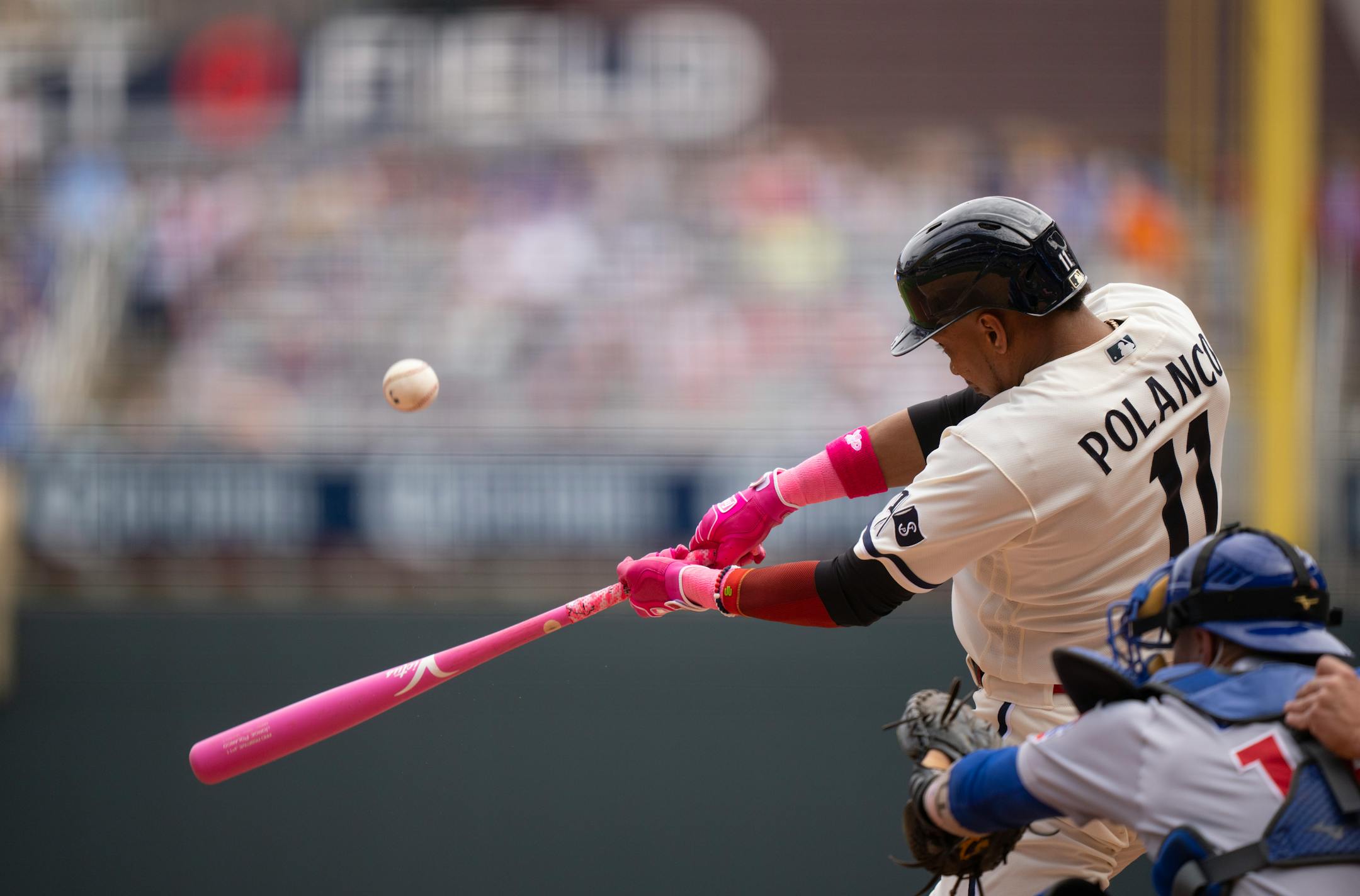 Minnesota Twins second baseman Jorge Polanco, doubling to right in the eighth inning.