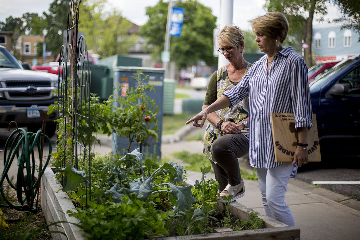 Linda Bailey and Kim Schoonover from Indulge Salon and Spa discuss the health of the vegetable plants in their garden. n. Indulge was the first business to support and adopt a garden last fall. Linda Bailey from Indulge said "It just makes sense."