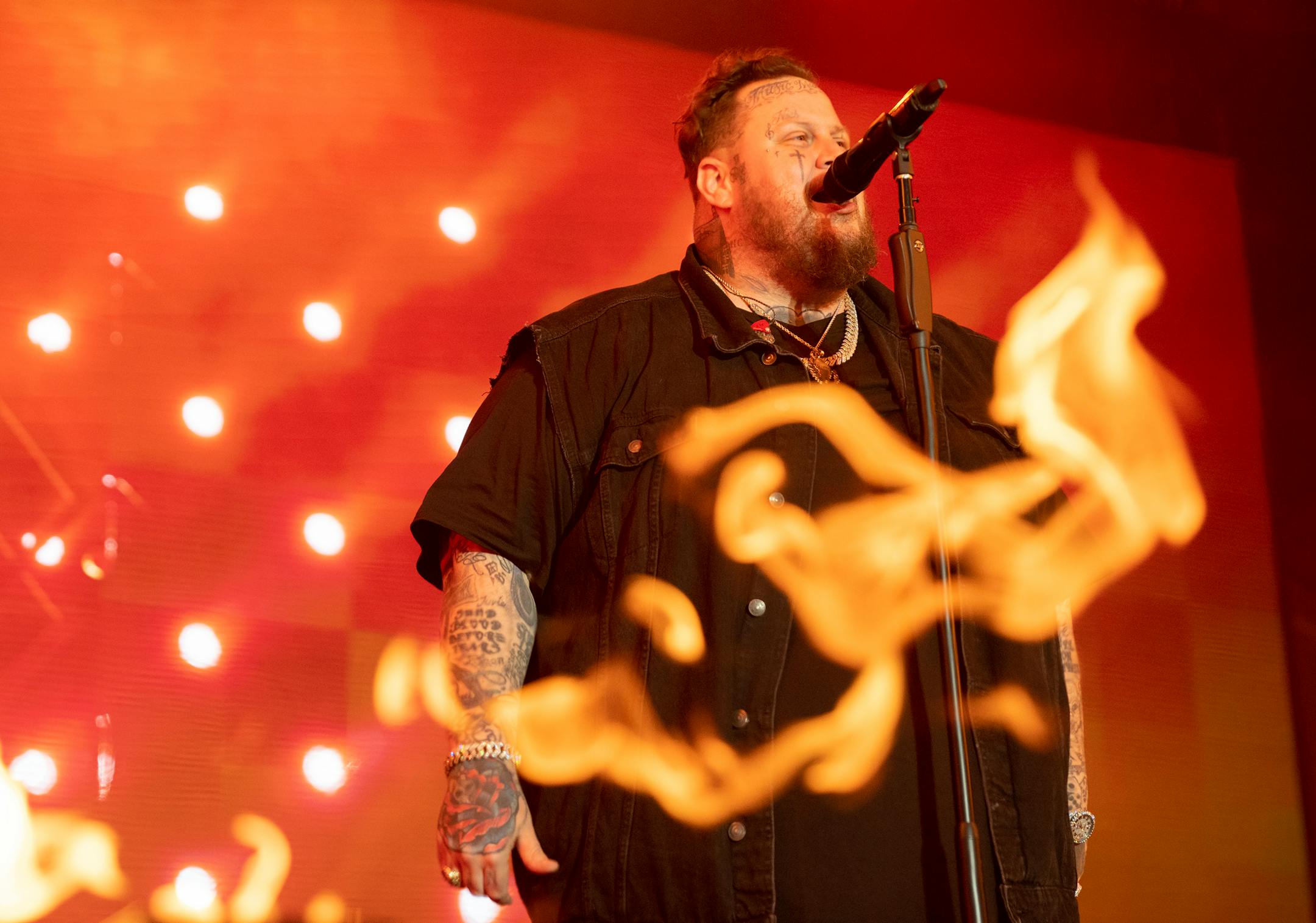 Pyrotechnics activate as Jelly Roll, a rising country music star, performs Friday, July 07, 2023, at Mystic Lake Casino amphitheater in Prior Lake, Minn.
