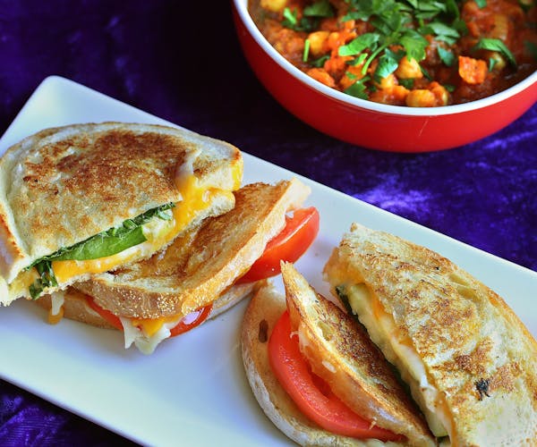 Need meatless ideas?  Try Chickpea and Butternut Squash Stew or grilled cheese. Jazz up the traditional gooey sandwich with three different combinat