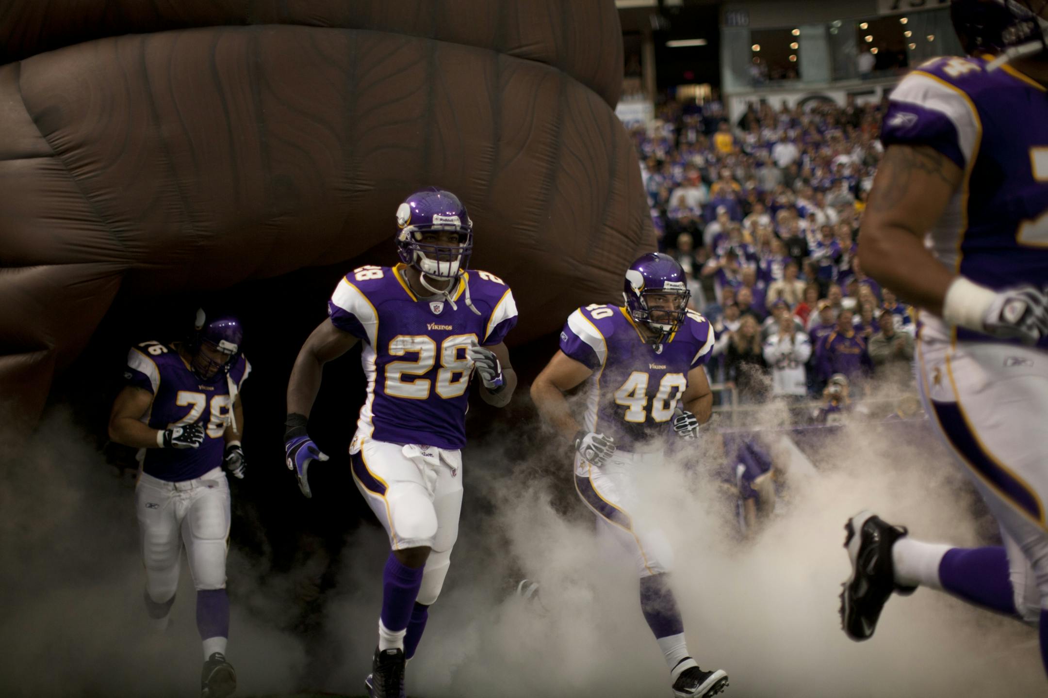 Vikings players took the field before their game aganist the Buccaneers. The Vikings faced the Tampa Bay Buccaneers in their home opener Sunday afternoon, September 18, 2011 at Mall of America Field in Minneapolis, Minn.
