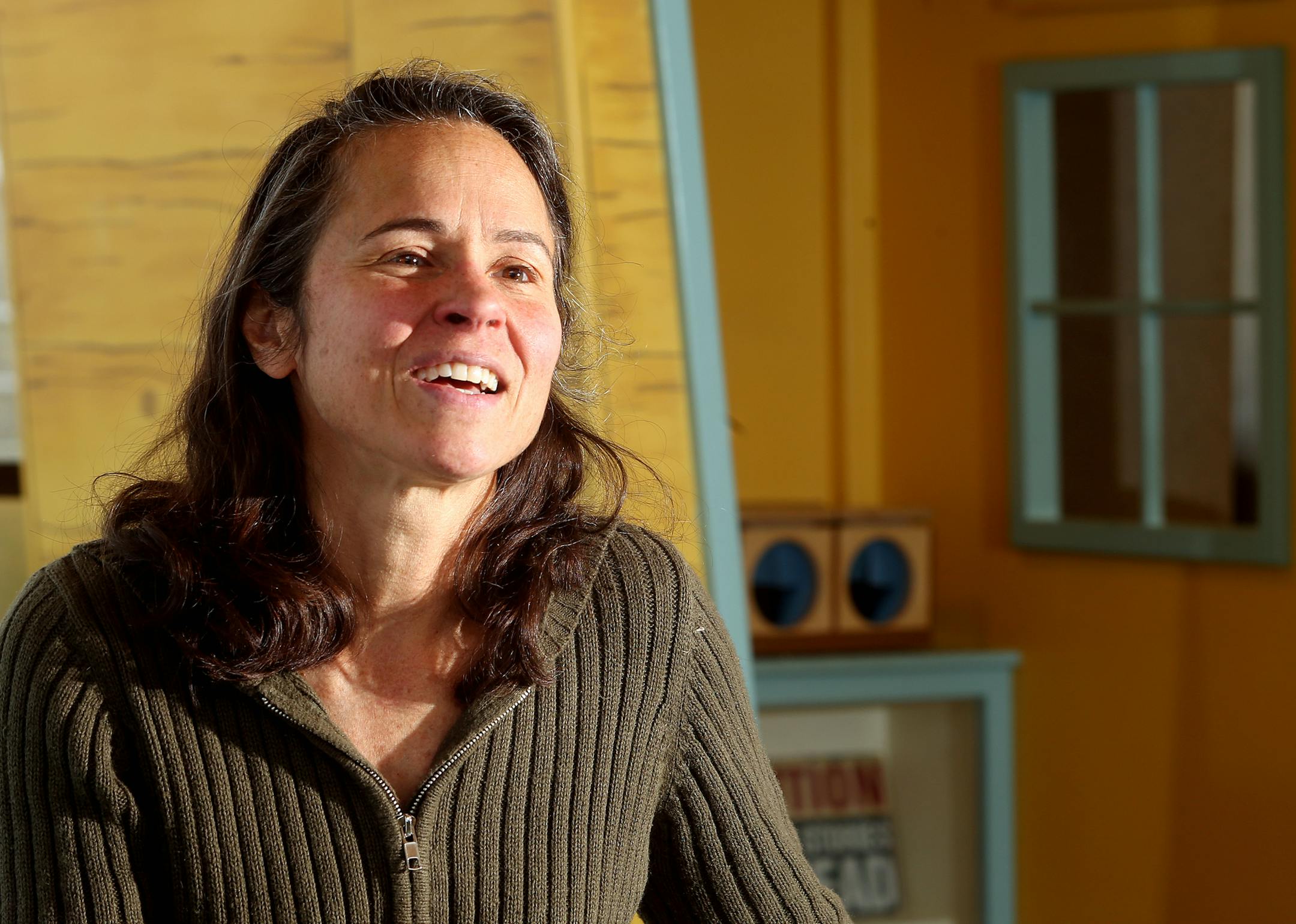Julie Prairie, a mural artist for the Children's Museum created a wall painting in Wescott Library in Eagan. ] JOELKOYAMA‚Ä¢jkoyama@startribune Minneapolis, MN on May 8, 2014. Julie Prairie, a mural artist for the Children's Museum will do some more painting in Wescott Library in Eagan.