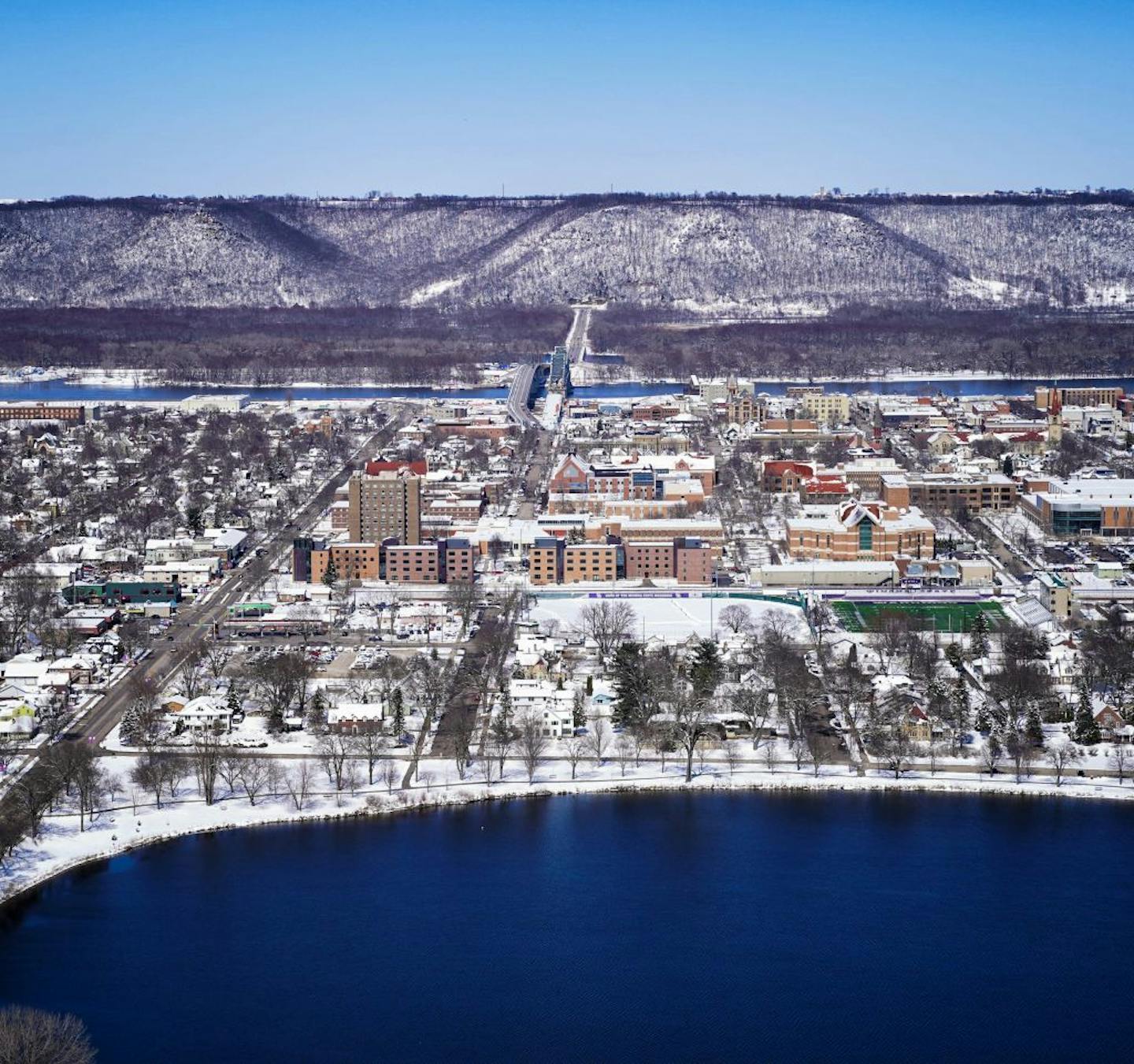 The view of Winona, Minnesota from Garvin Heights Park overlook. Winona became the first Minnesota city to join the Welcoming America network on June 6, 2016.