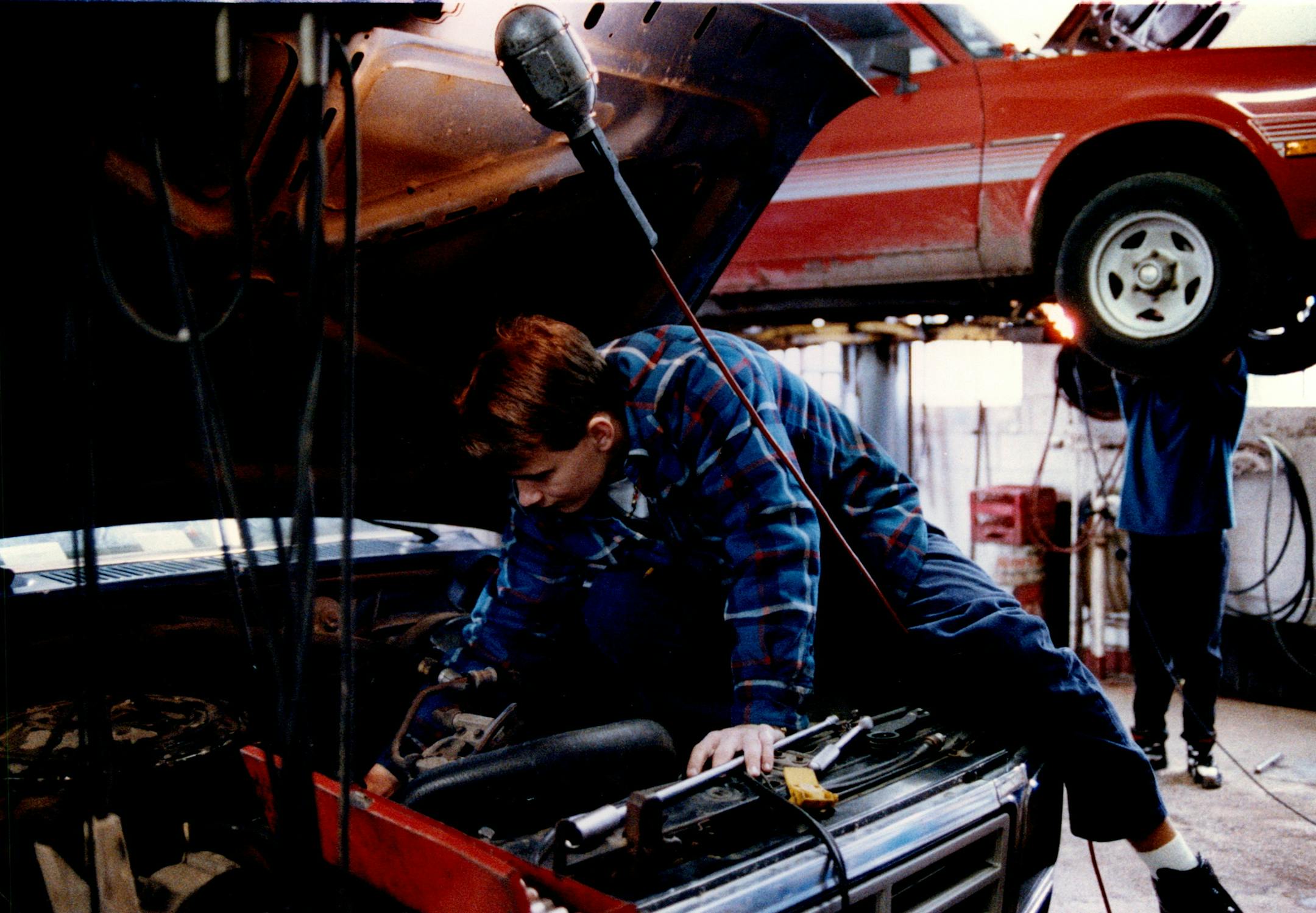 December 15, 1993 Cory Dahlquist, left, worked on a pickup in the school&#x201a;&#xc4;&#xf4;s garage at Selby Av. and Dunlap St., about two blocks away. The station doesn&#x201a;&#xc4;&#xf4;t sell gasoline anymore, but it&#x201a;&#xc4;&#xf4;s still used by the school to repair cars for the community. Ed Roth is the instructor. Tom Sweeney, Minneapolis Star Tribune
