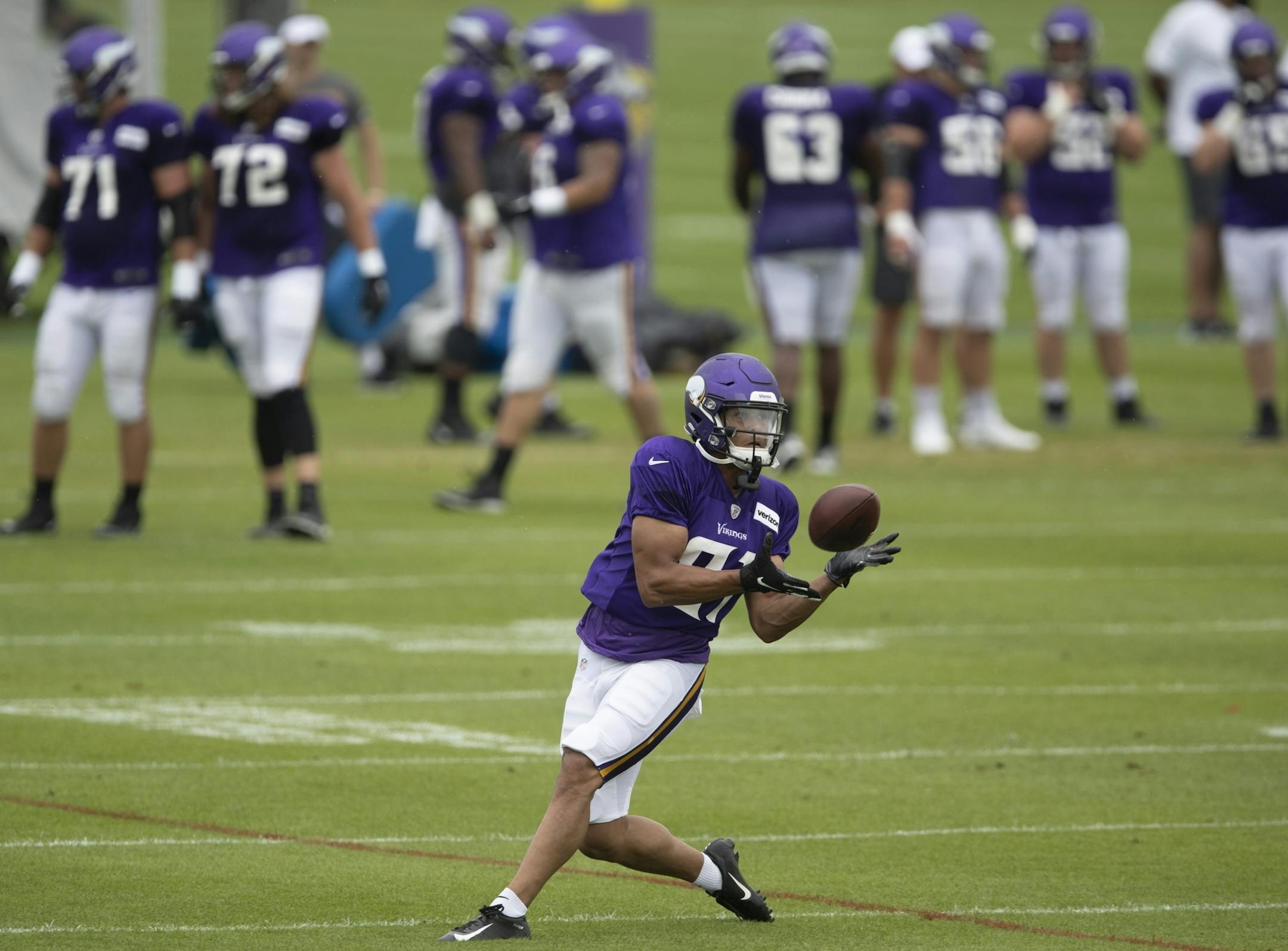 Minnesota Vikings wide receiver Olabisi Johnson (81) caught the ball during practice at TCO Performance Center on Sunday July, 28 2019 in Eagan, MN.