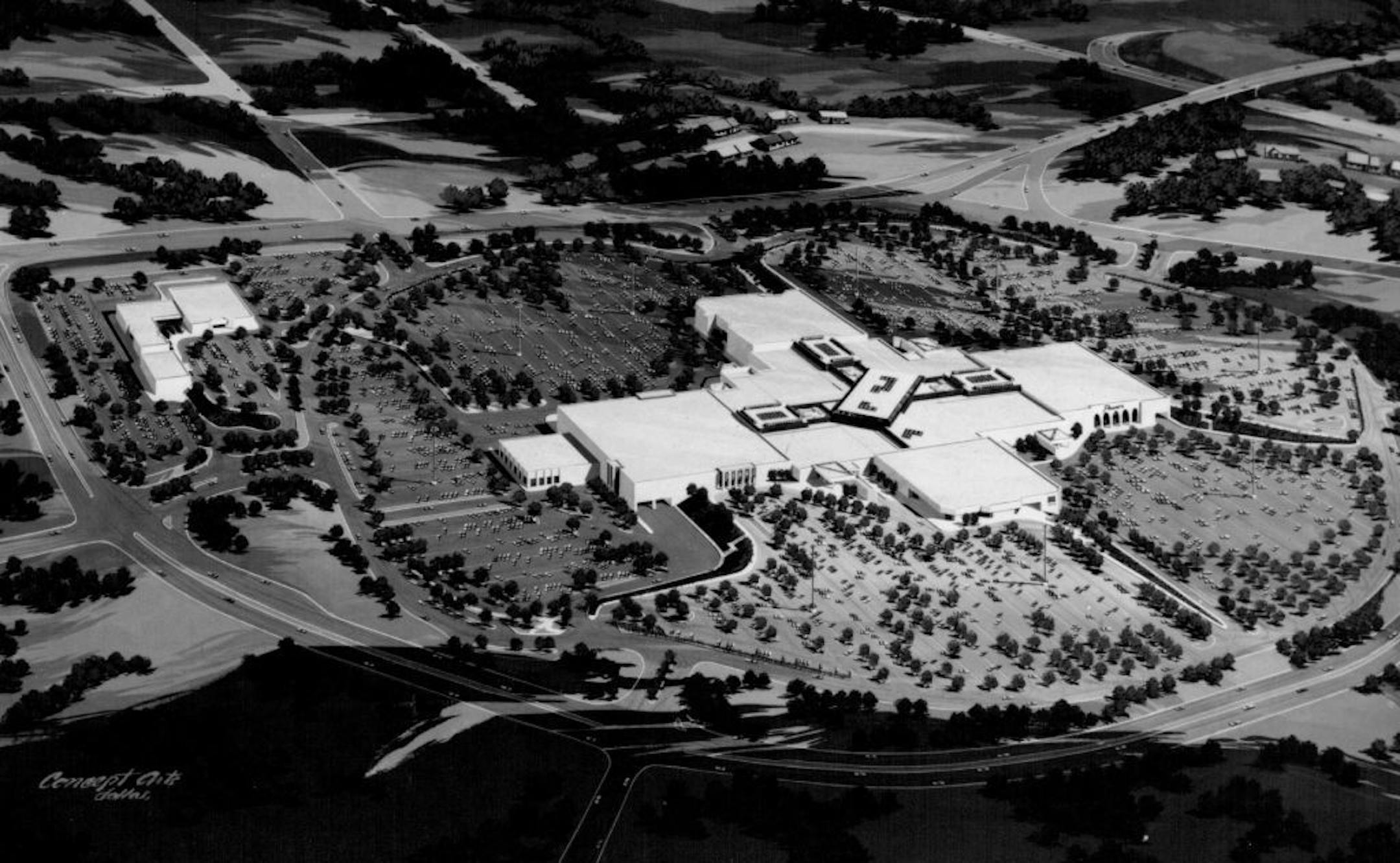 January 23, 1974 Sears architect's sketch shows Eden Prairie center Progress on three regional shopping centers planned for the Twin Cities area by Homart Development Co. were being discussed today by business and civic leaders. Homart, a subsidiary of Sears, Roebuck and Co., arranged a "design preview" this evening in the Radisson South ballroom.