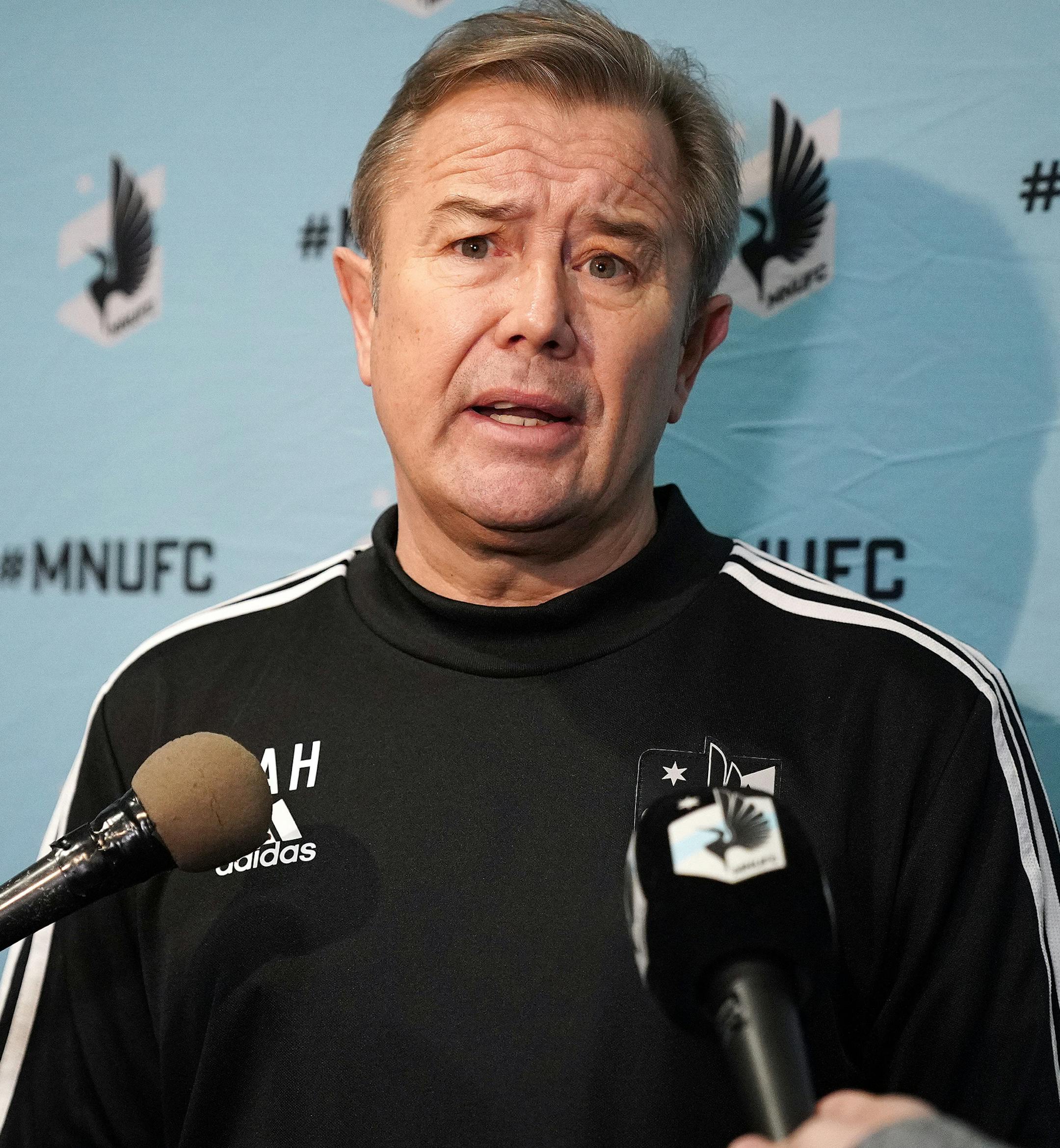 Minnesota United head coach Adrian Heath spoke with reporters after practice. ] ANTHONY SOUFFLE • anthony.souffle@startribune.com Minnesota United held their first day of training camp Tuesday, Jan. 22, 2019 at their practice facility in Blaine, Minn. Newly acquired players Jan Gregus and Ozzie Alonso and new draft picks Dayne St. Clair and Chase Gasper joined in the drills.