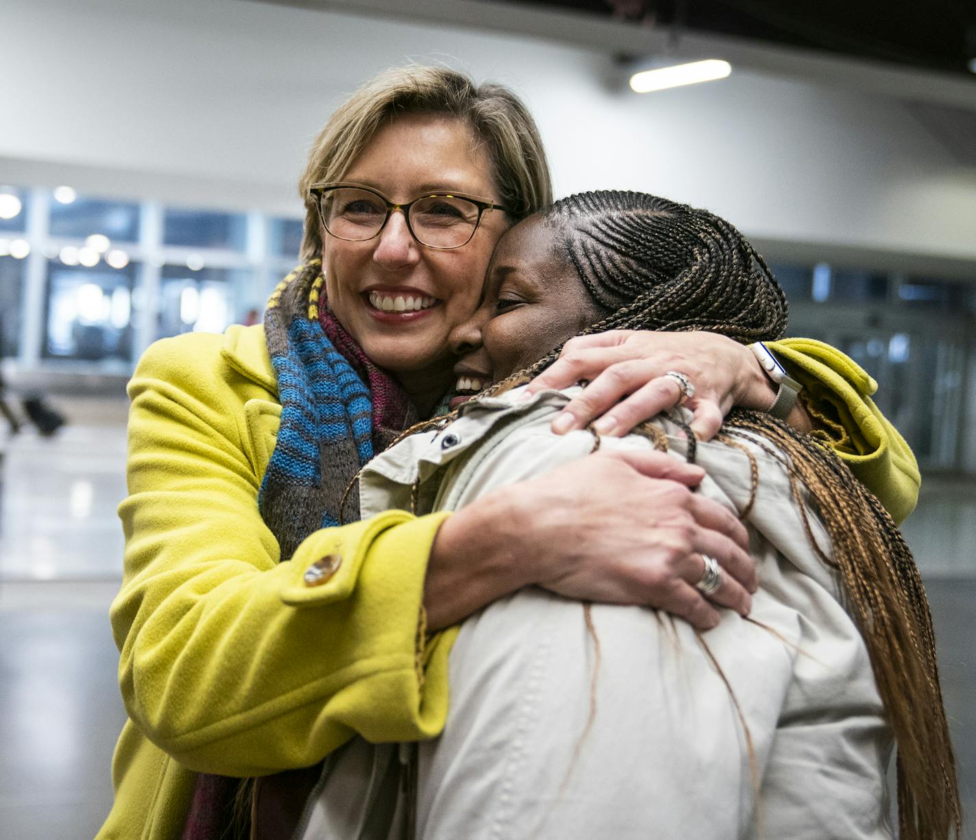 Thulisile Ntetha, right, of the Gauteng Choristers was greeted by Maya Tester of the Minnesota Chorale, her host for the week, at MSP Airport. ] LEILA NAVIDI &#x2022; leila.navidi@startribune.com BACKGROUND INFORMATION: The Gauteng Choristers from South Africa arrived at Minneapolis - St. Paul Airport on Friday, November 8, 2019.