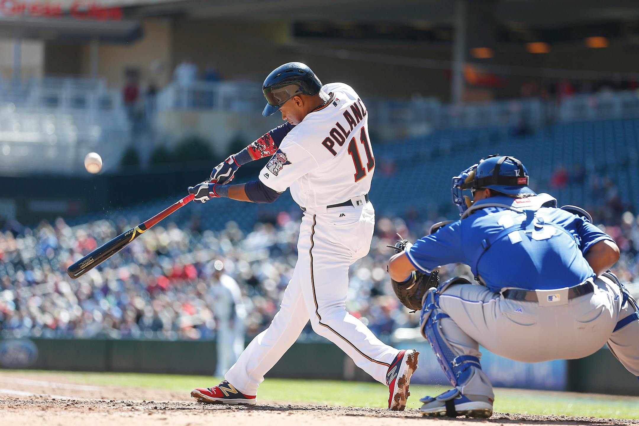 Twins Jorge Polanco hit the ball during the second inning as the Twins took on the Royals at Target Field, Thursday, April 6, 2017