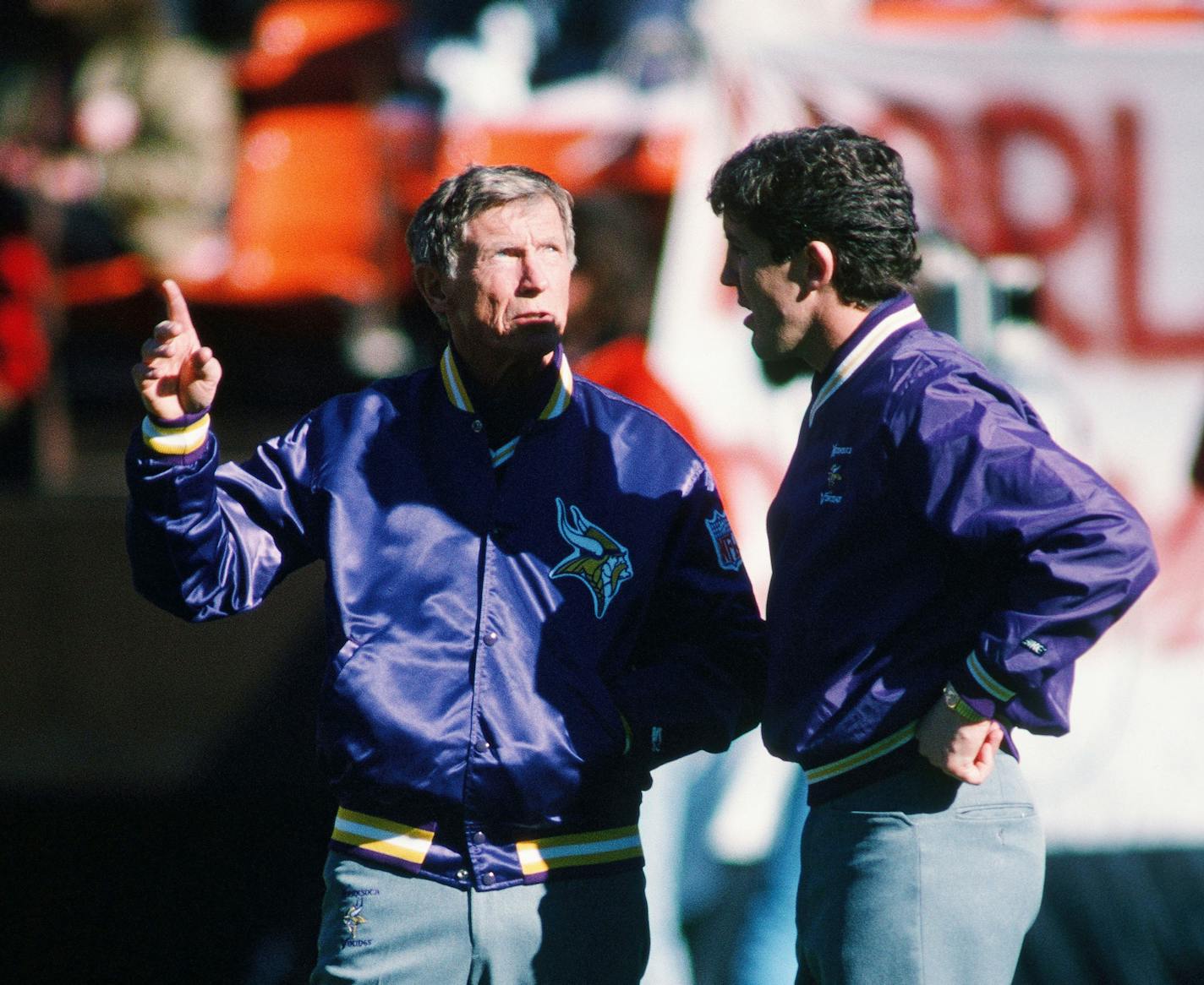 Minnesota Vikings head coach Jerry Burns with defensive backs coach Pete Carroll during the NFC Divisional Playoff NFL football game against the Minnesota Vikings on January 1, 1989 in San Francisco, CA. The 49ers won the game 34-9. (AP Photo/Paul Spinelli) ORG XMIT: NYWWP ORG XMIT: MIN1401301629324919