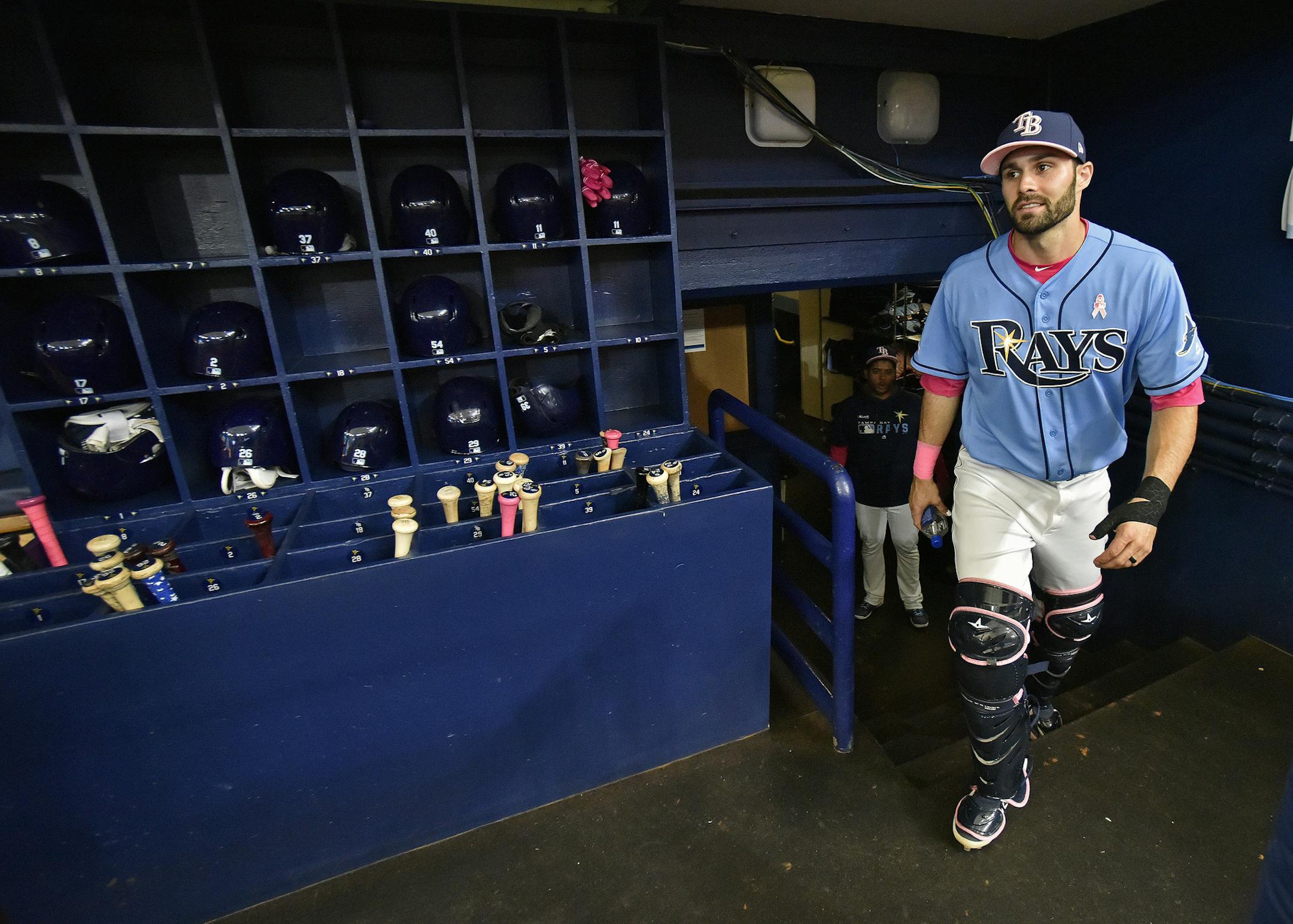 Tampa Bay Rays catcher Anthony Bemboom walks into the dugout before the start a baseball game against the New York Yankees Sunday, May 12, 2019, in St. Petersburg, Fla. Bemboom is making his major league debut, starting the game behind the plate. (AP Photo/Steve Nesius) ORG XMIT: SPD101
