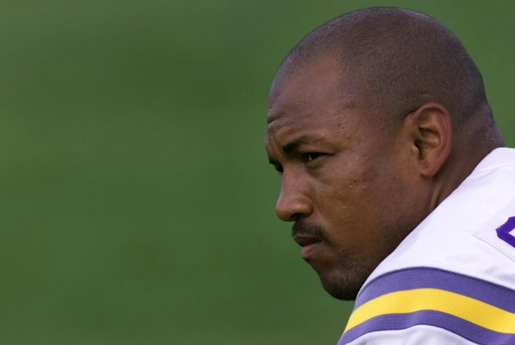 Minnesota Vikings safety Orlando Thomas, #42, takes a knee during practice on Thursday at Training Camp in Mankato, MN.