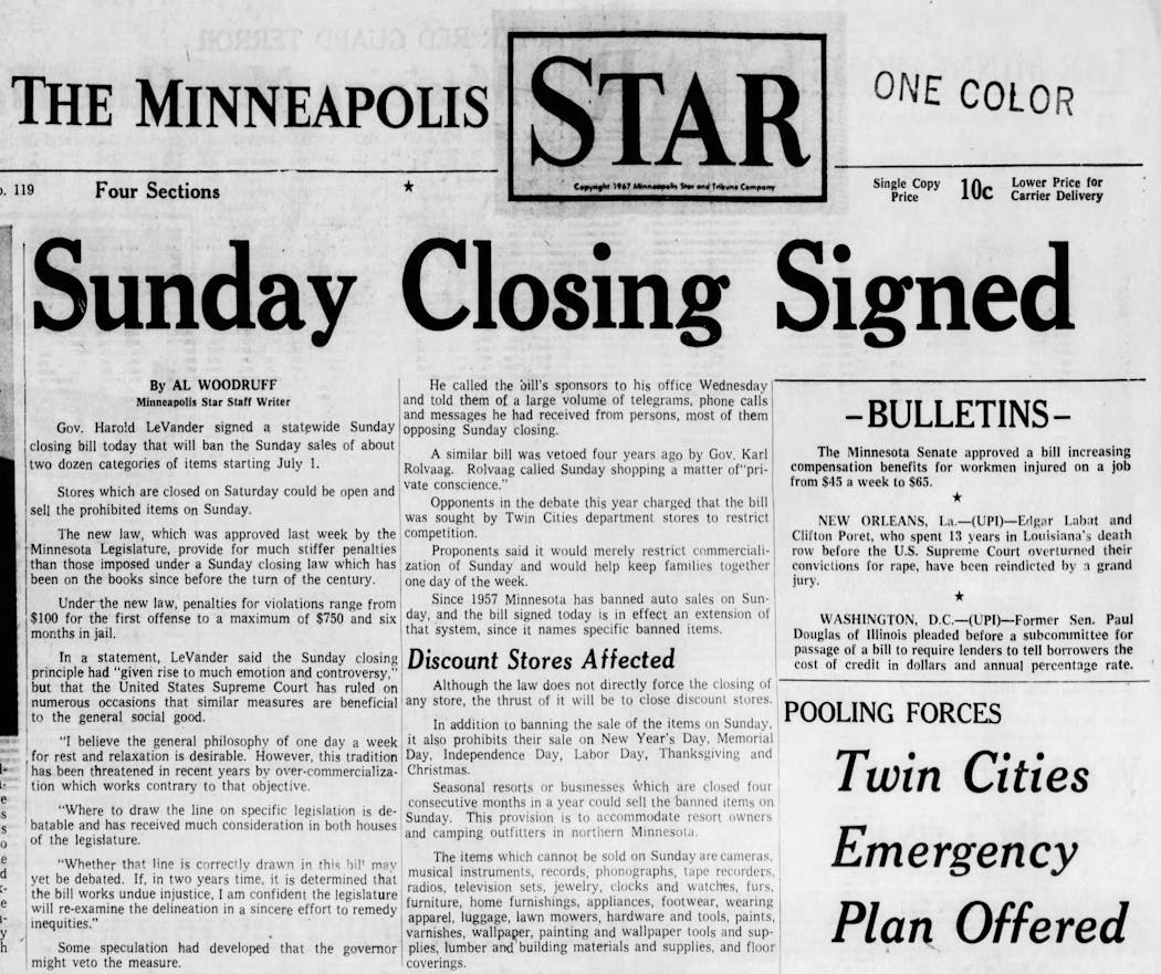 The front page of the Minneapolis Star in April 1967, after the bill banning many retail sales on Sunday was signed into law.