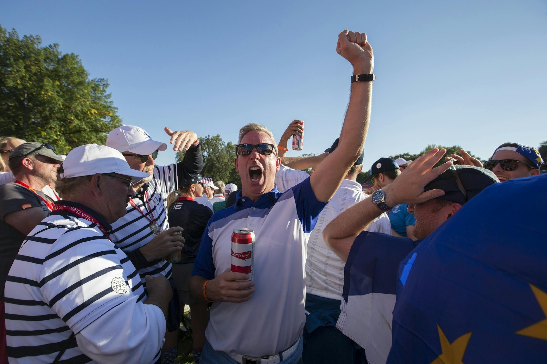 Sean Spellman of London cheers for Europe.