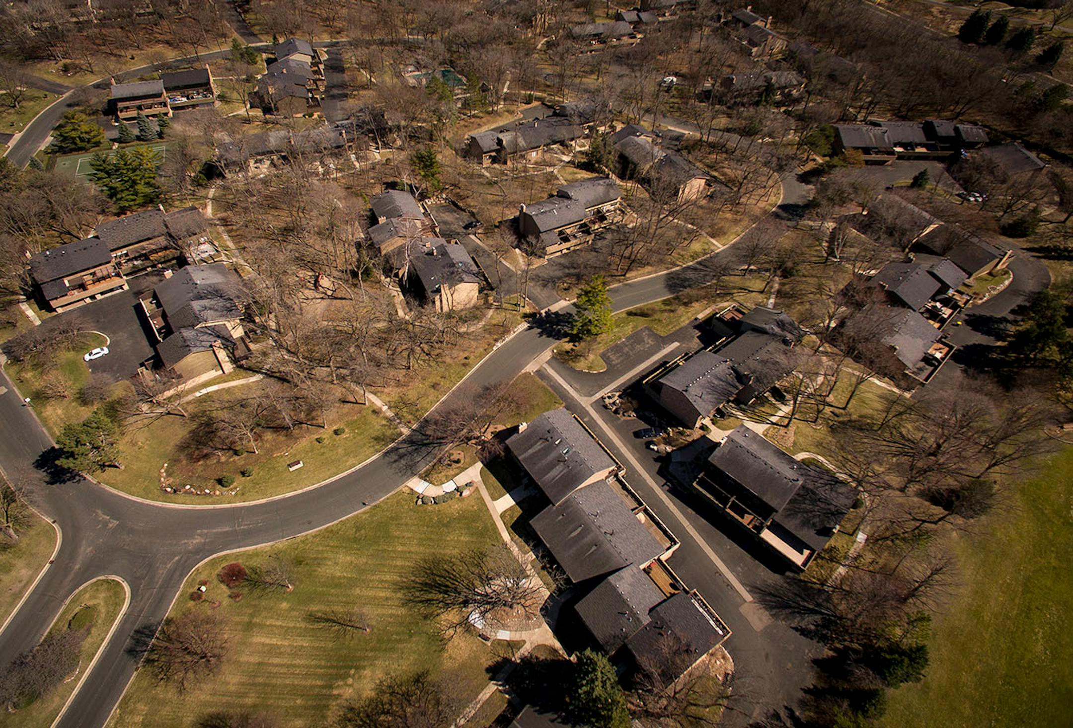 An aerial view of the townhomes in the Birnamwood neighborhood in Burnsville, designed by architect Michael McGuire.
