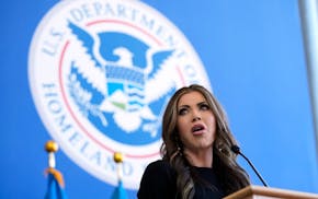 Homeland Security Secretary Kristi Noem speaks to employees at the Department of Homeland Security on Tuesday, Jan. 28, 2025, in Washington.