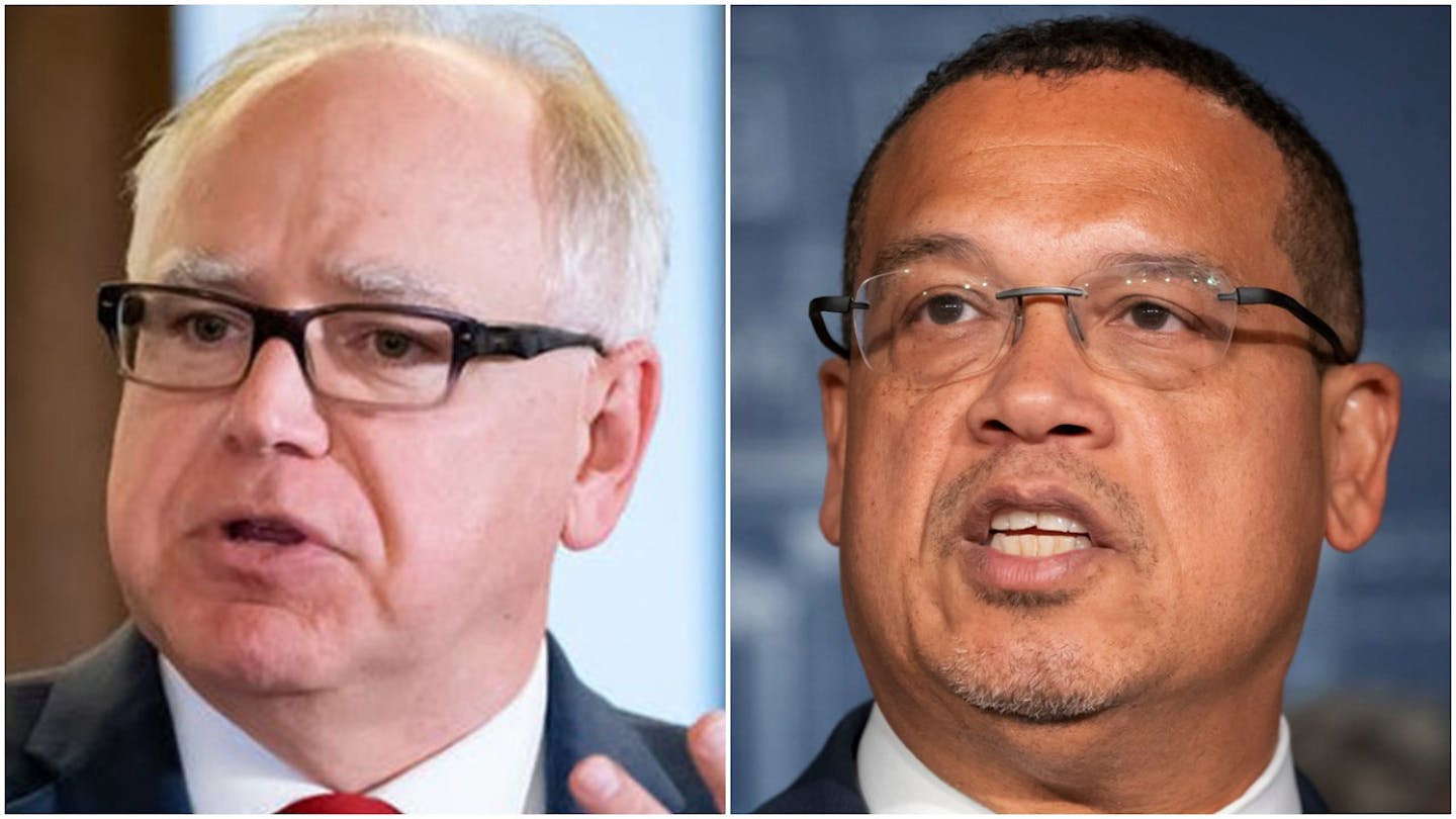 Minnesota Gov. Tim Walz, left, and Attorney General Keith Ellison