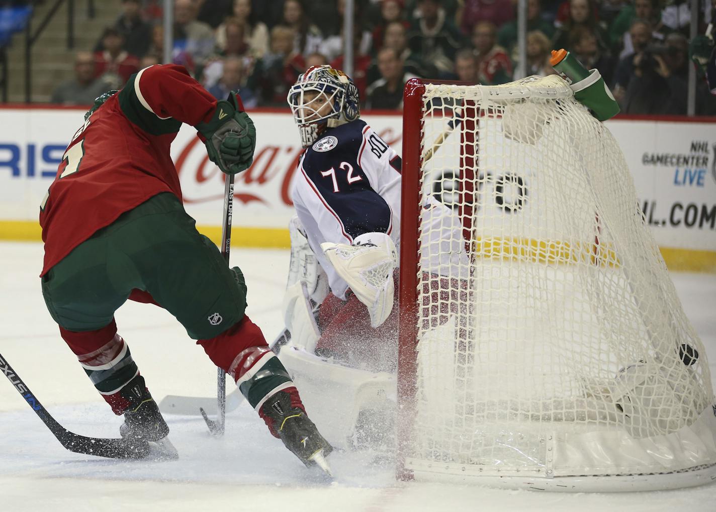 Minnesota Wild left wing Zach Parise (11) scored the first goal of the game in the first period Thursday night on Columbus Blue Jackets goalie Sergei Bobrovsky (72). ] JEFF WHEELER &#xef; jeff.wheeler@startribune.com The Minnesota Wild hosted the Columbus Blue Jackets in an NHL game Thursday night, October 22, 2105 at Xcel Energy Center in St. Paul.