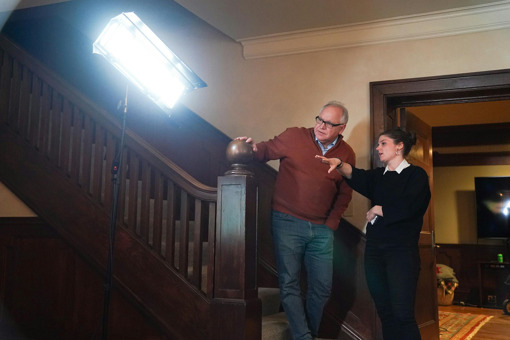 Minnesota Gov. Tim Walz talked with communications director Kayla Casta�eda, before the State of the State address over YouTube from his residence.