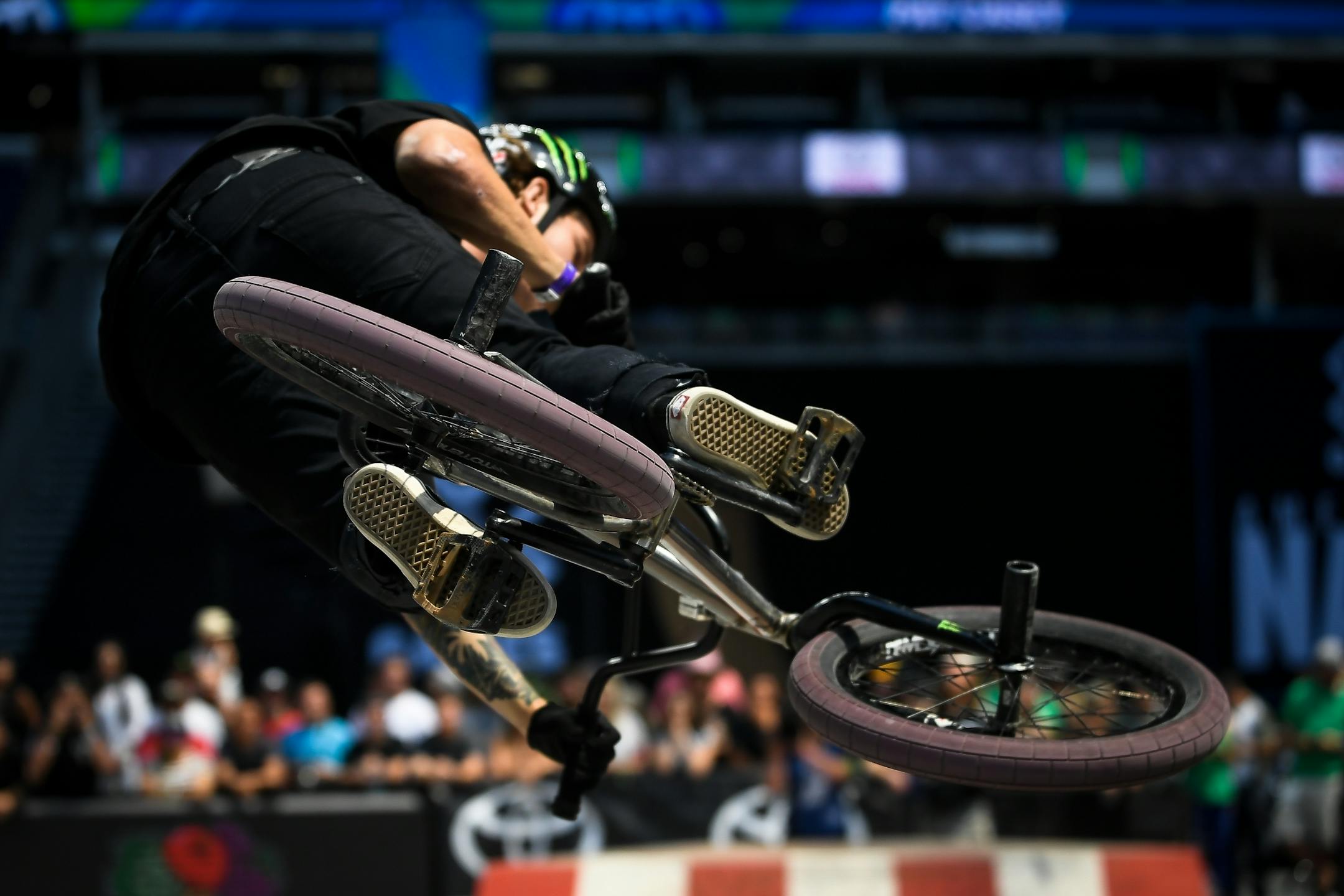 The underside of Pat Casey's BMX bike as he competed in the BMX park finals Saturday.
