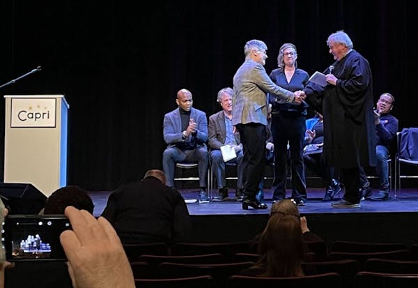 Mary Moriarty at her community swearing-in as Hennepin County attorney at the Capri Theater in Minneapolis on Jan 4. Retired Hennepin County Judge Kev