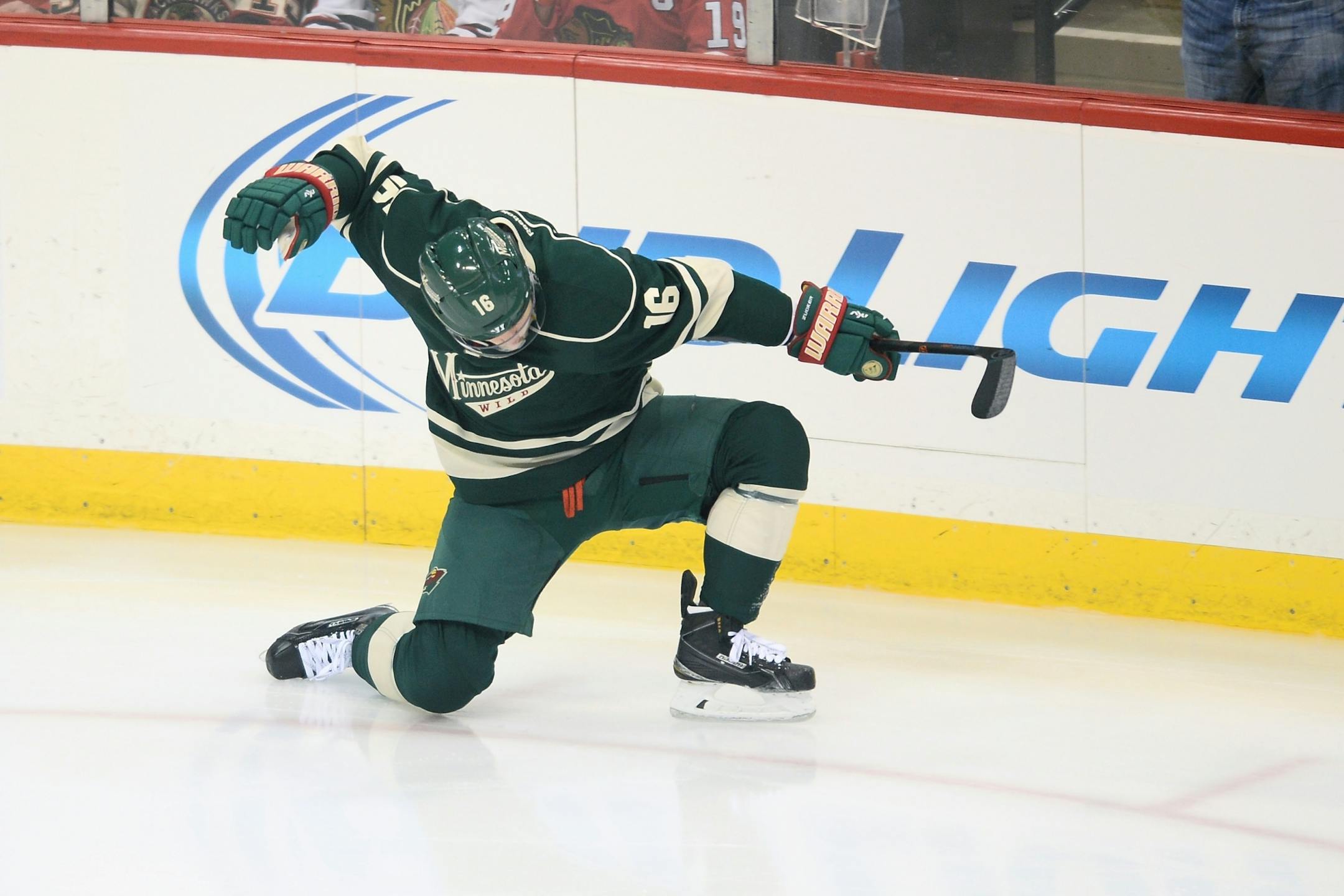 Minnesota Wild left wing Jason Zucker (16) celebrated a goal scored against Chicago :18 seconds into the first period.