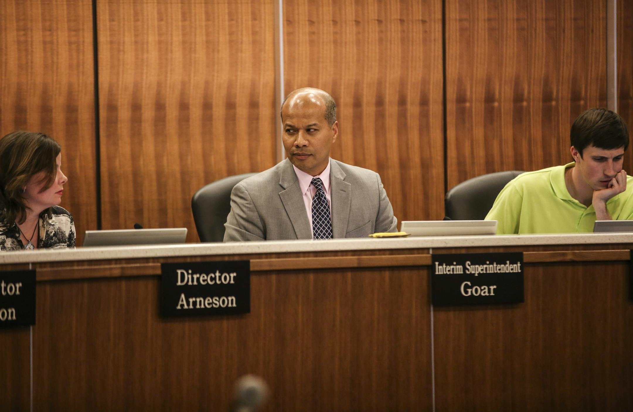 Interim Superintendent Michael Goar during a Minneapolis School Board meeting where they decided to bench a vote on whether to fund the Urban League in Minneapolis, Minn., on Tuesday, April 14, 2015.