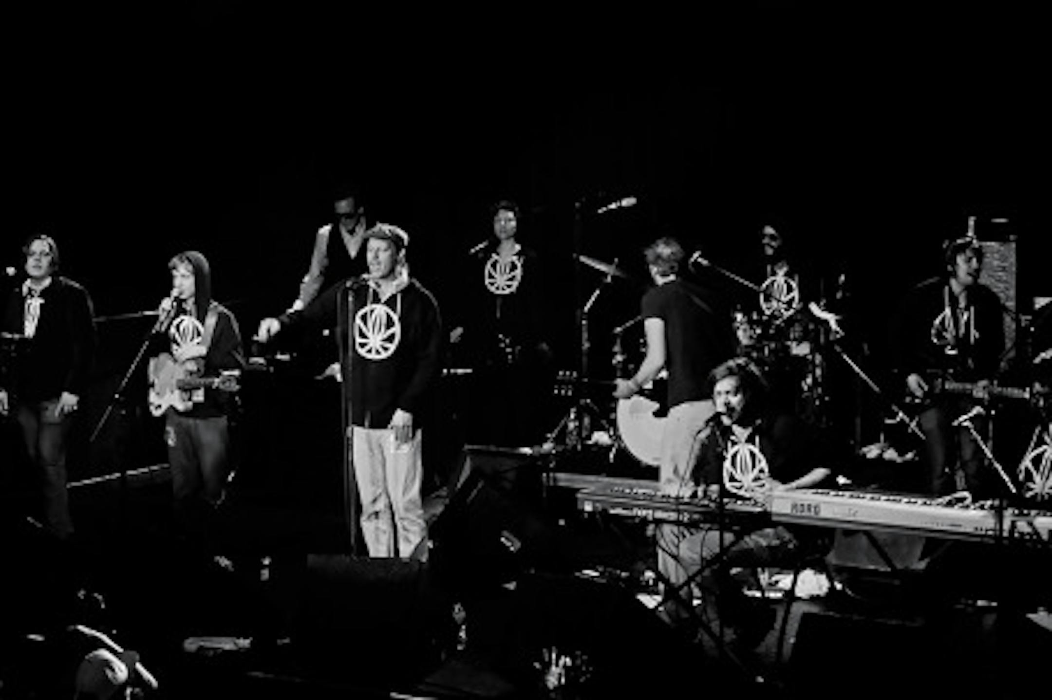 The Gayngs crew, in black and white at First Ave last night, were recolored by Doomtree on a new EP. / Photos by Leslie Plesser