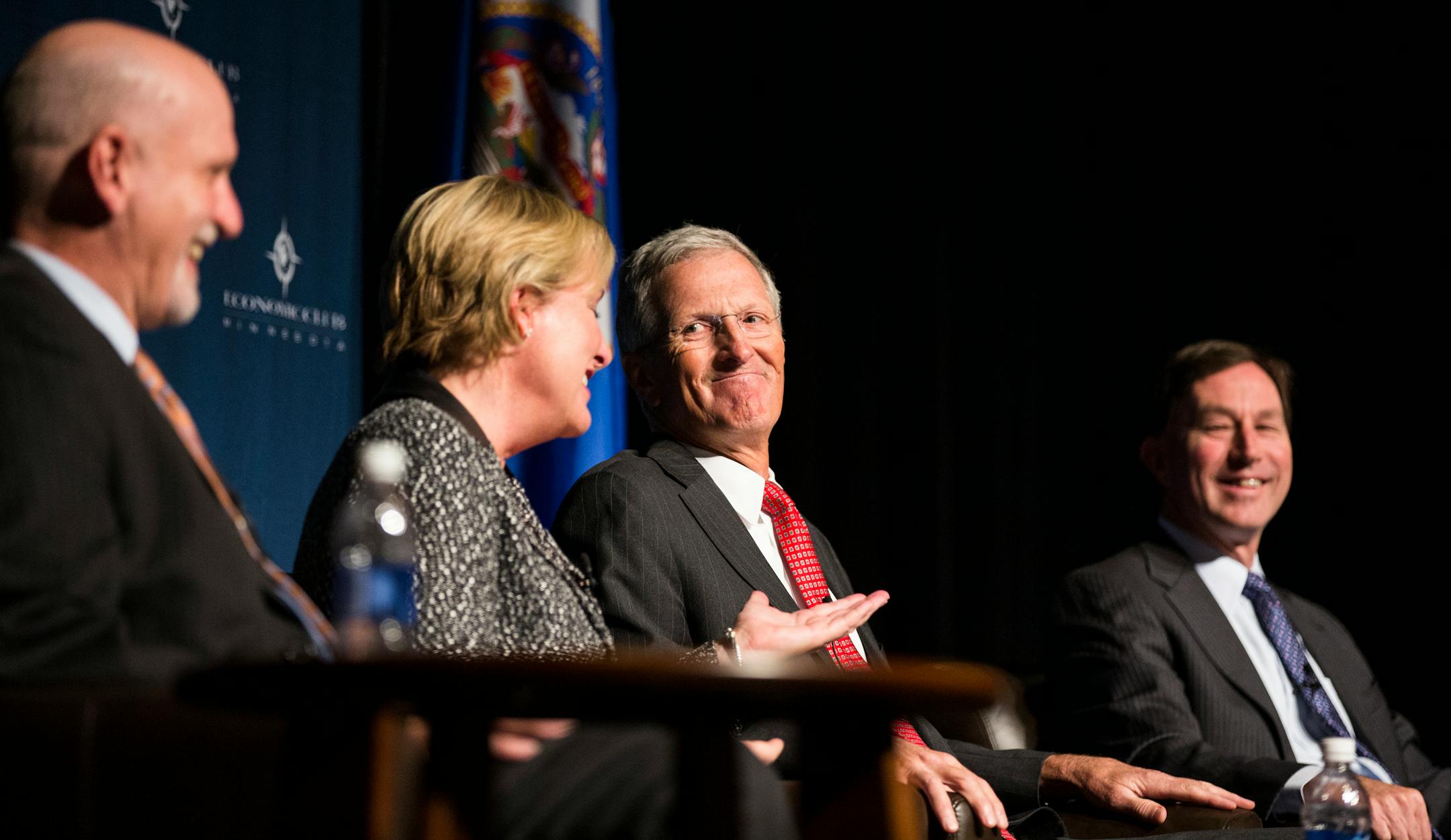 From left: Jeff Harmening, General Mills' chief operating officer; Sally Smith, former Buffalo Wild Wings' CEO; Greg Page; Cargill director and the company's former CEO, and Jeffrey Ettinger, Hormel's CEO, speak on a panel titled the "War on Big Food" during event organized by the Economic Club of Minnesota at the Convention Center in Minneapolis in 2015.