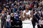 Anthony Edwards (5) of the Timberwolves celebrates at the end of Game 7 of the NBA Western Conference semifinals at Ball Arena in Denver. Tickets for 