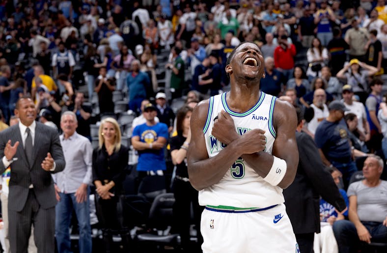 Anthony Edwards celebrates at the in the final minute as the Timberwolves beat the Denver Nuggets in Game 7 of the NBA Western Conference semifinals o
