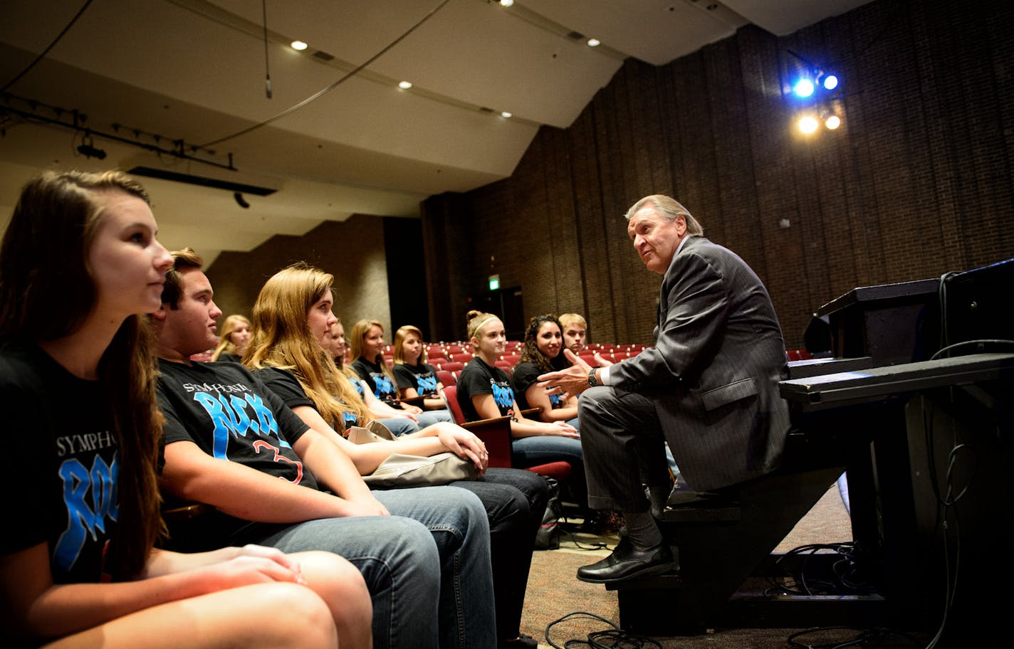 Anoka Hennepin Superintendent Dennis Carlson talked with students at Anoka High School who have been part of Symphonic Rock, a fundraising concert that raises 25 thousand dollars each year to help students of need at the school. Carlson, who retires at the end of the year, has been an advocate against bullying and for gay students rights. and is proud of the musical fundraiser which he also performs in with students. Friday, September 20, 2013 ] GLEN STUBBE * gstubbe@startribune.com