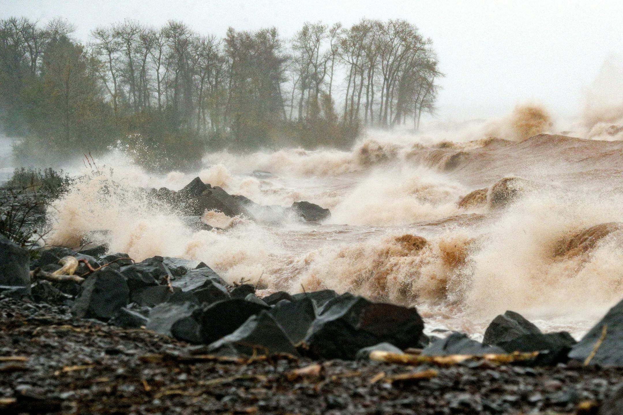 Large waves on Lake Superior batter the shore at Brighton Beach during Wednesday's storm in Duluth. --- Clint Austin / caustin@duluthnews.com