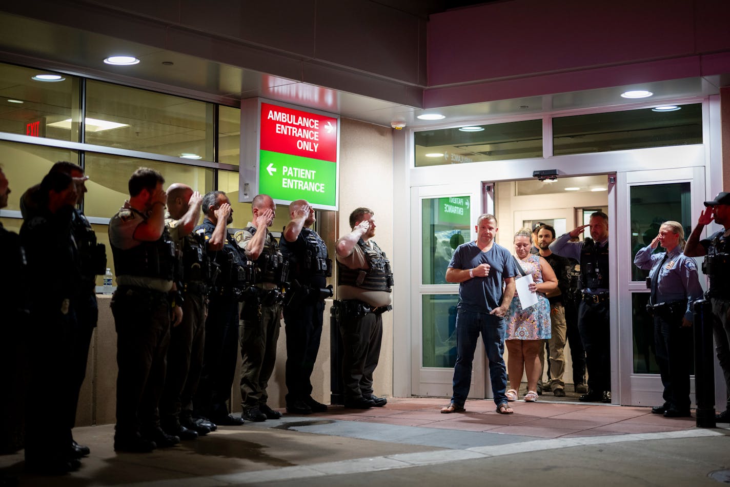 Law enforcement from various local agencies saluted officer Jacob Spies upon discharge in August from North Memorial Health Hospital in Robbinsdale aftre he was shot.