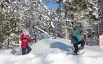 Ella, 5, and Laila Meissner, 7, test out snowshoeing for the first time Tuesday at Itasca State Park.