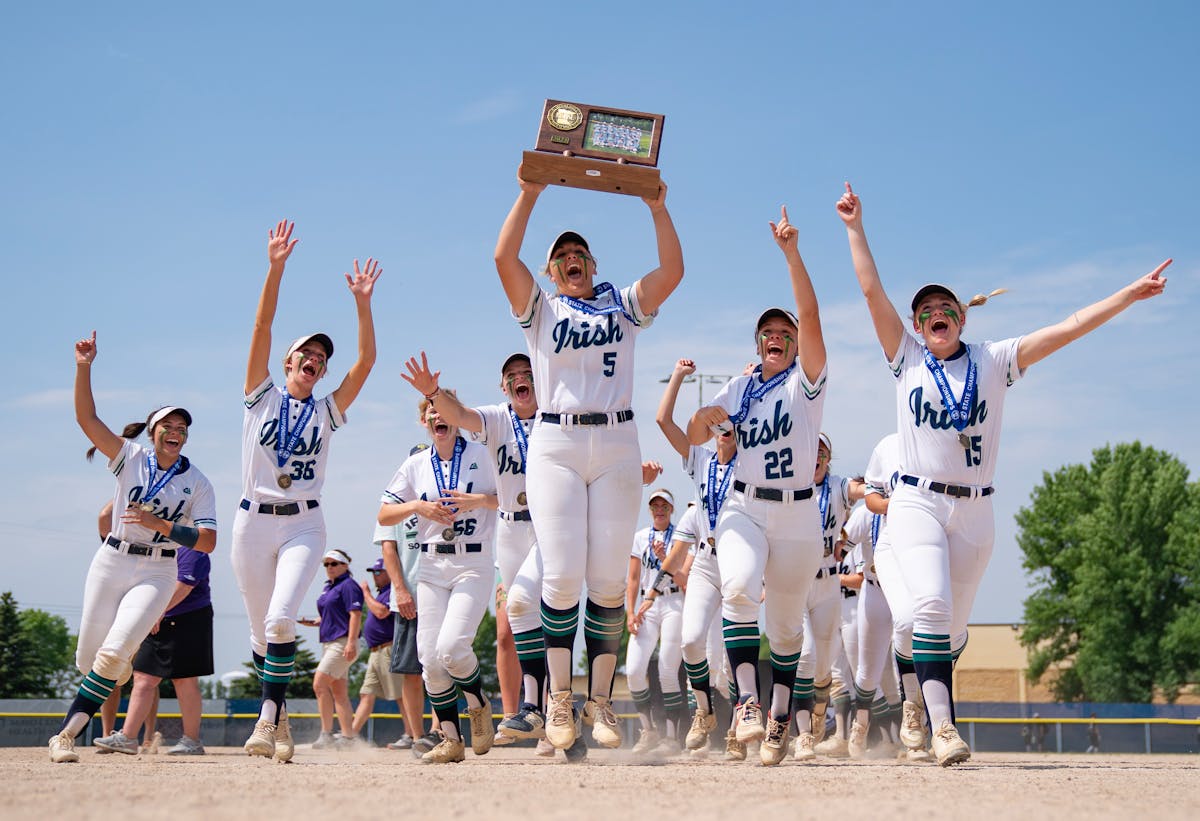Rosemount players celebrate after defeating Forrest Lake 6-1 to win the MSHSL class 4A softball state championship game Friday, June 9, 2023, at Caswe