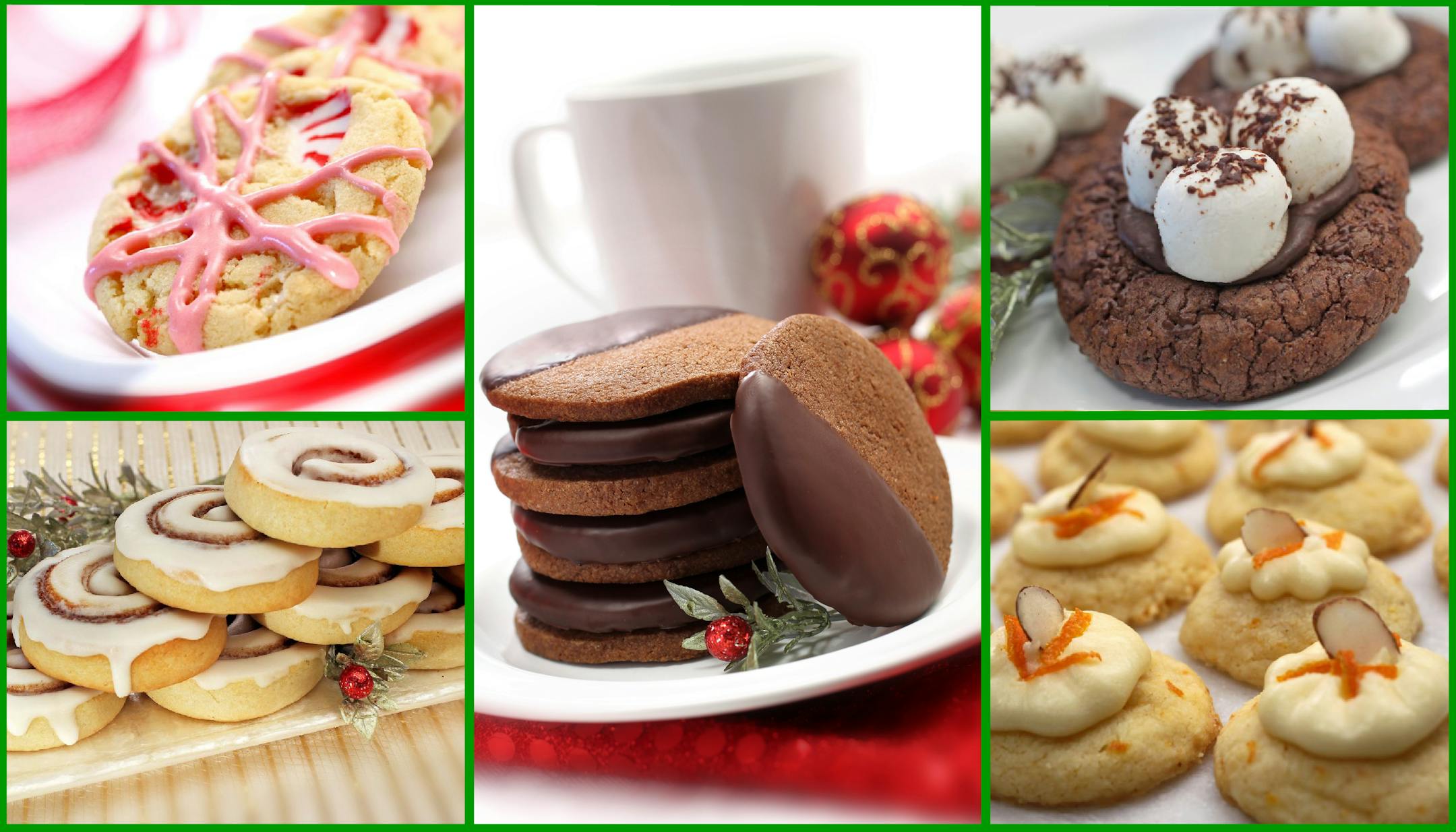 The top choices in the 2013 Star Tribune Taste Holiday Cookie Contest are winner Cappuccino Flats. center, and finalists, clockwise from lower left, Cinnamon Bun Cookies, Candy Cane Sugar Cookies, Hot Cocoa Cookies and Orange-Almond Melting Moments.