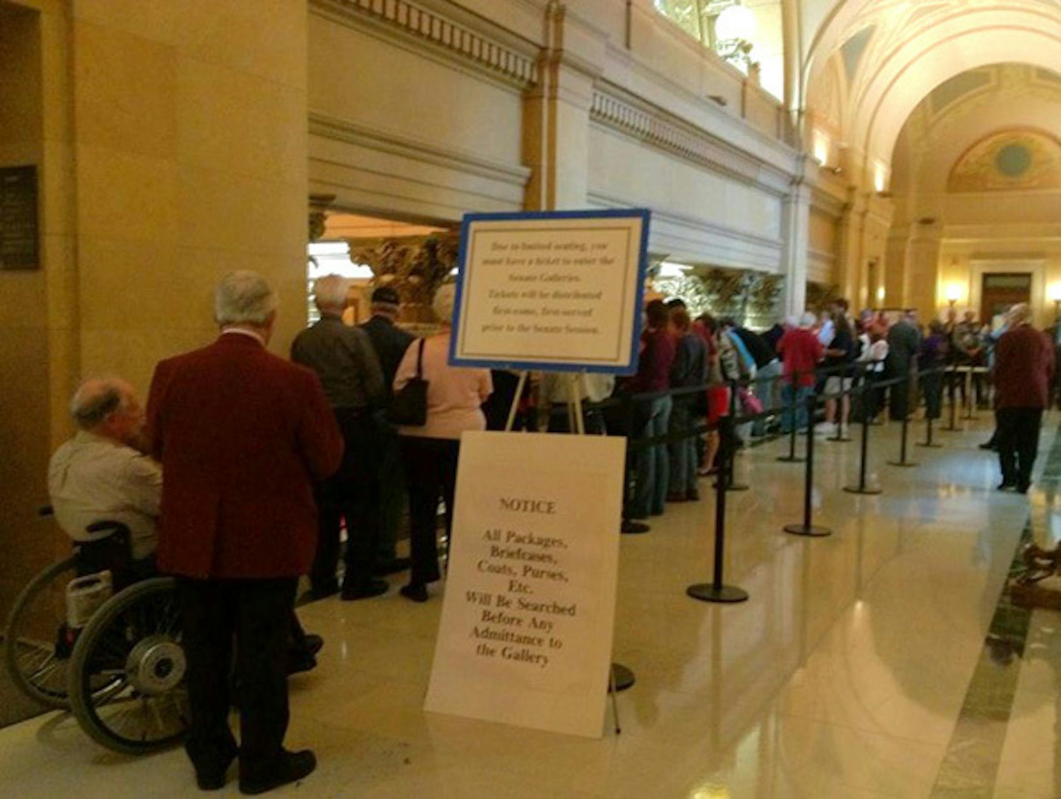 The line to get into the visitors' gallery for the PhotoID Senate floor debate on March 23, 2012, in St. Paul